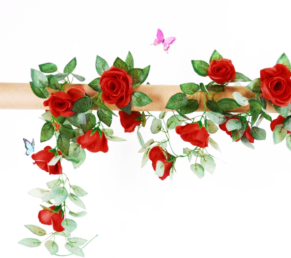 Lannu 2PCS 15 FT Artificial Rose Vine Garland - Fake Flowers for Wedding, Home, Garden, Party & Hotel Decor (Red) | Perfect for Indoor/Outdoor Decoration, Wall Hanging, and Event Centerpieces