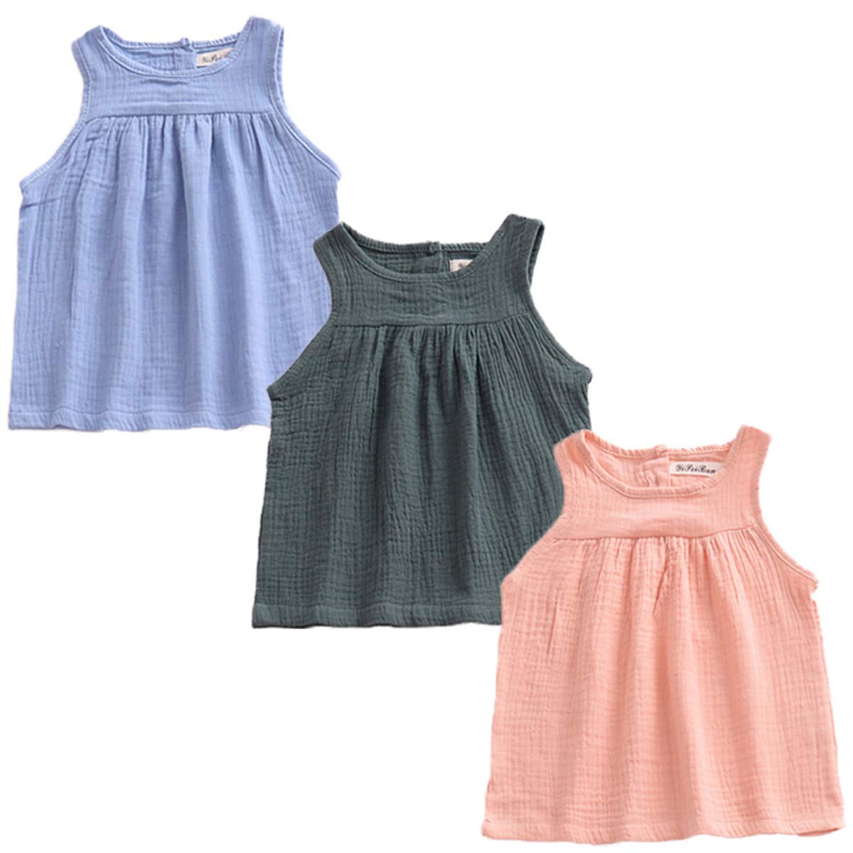 3 Pack Baby Girls Cotton Linen Blend Tank Tops - Soft Breathable Summer T-Shirts for Toddlers & Infants - Perfect for Playtime, Daycare & Outdoor Activities
