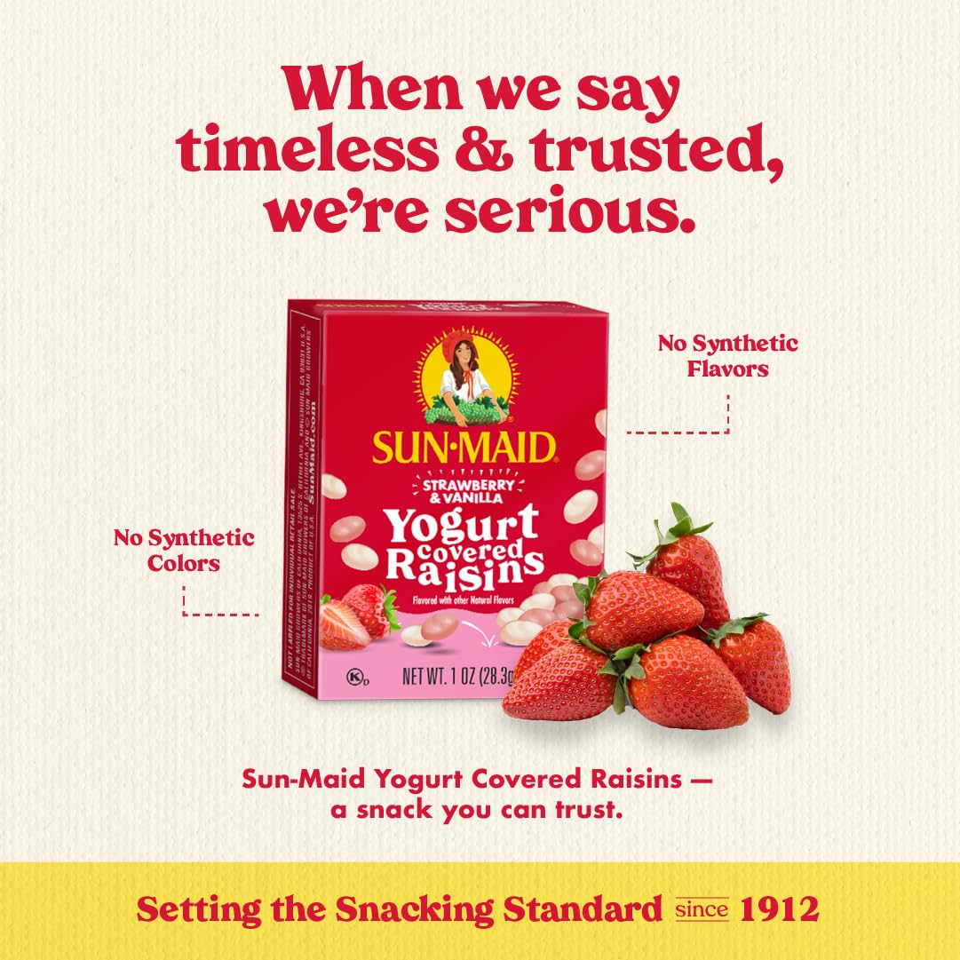 Sun-Maid Strawberry & Vanilla Yogurt Covered Raisins - 6 Pack (1 oz Each) | Healthy Dried Fruit Snacks for Kids & Adults | Perfect for School Lunches, Office Snacks & On-the-Go Energy Boost