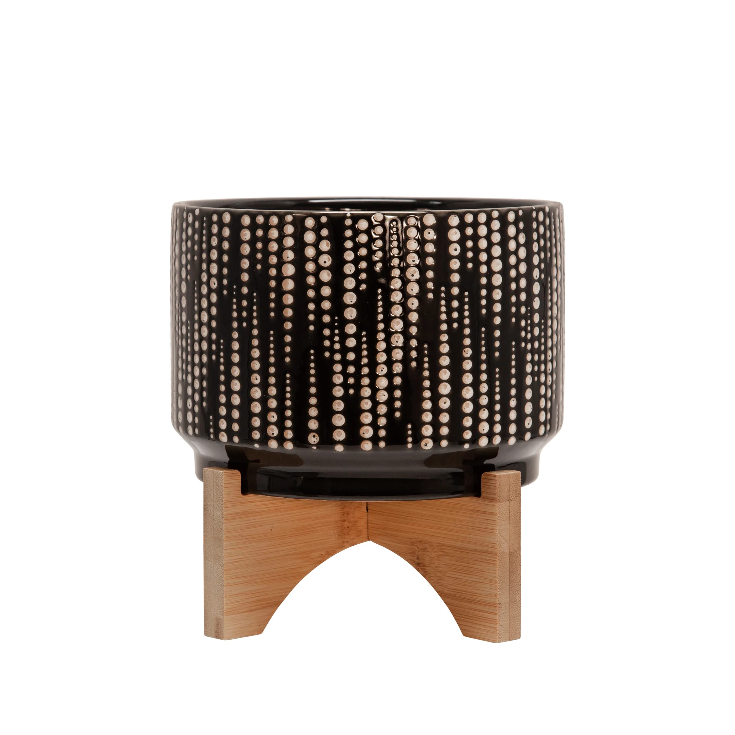 Sagebrook Home 7 Inch Black Dotted Ceramic Planter with Wooden Stand - 7.01 x 7.01 x 4.88 Inches - Modern Indoor Flower Pot for Home Office Decor, Succulent Plants, and Small Houseplants
