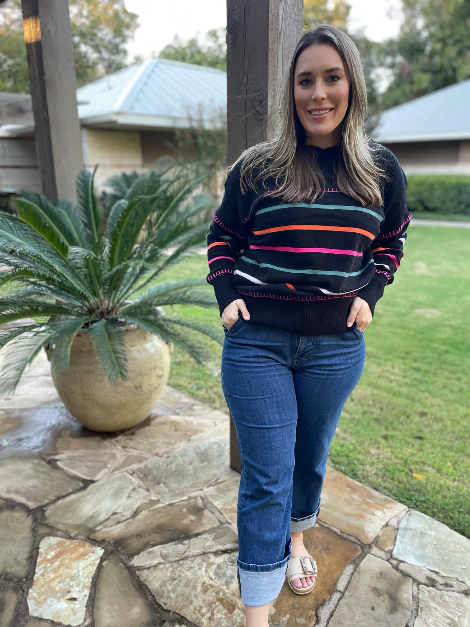 PREORDER: Striped Sweater for Women - Soft & Cozy Pullover in 2 Colors (Happy & Navy) - Perfect for Casual Outfits, Fall Layering & Holiday Gatherings