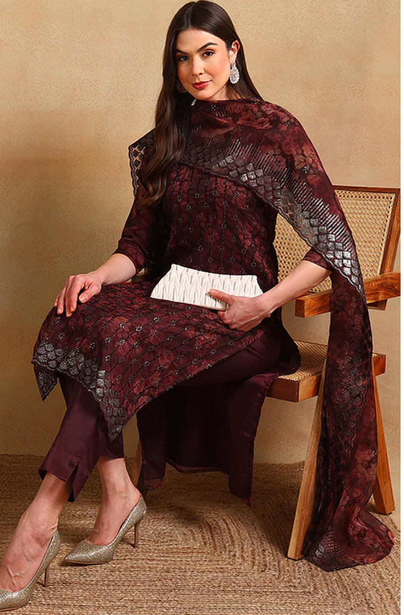 Elegant Brown Organza Straight Suit Set for Women - Formal Office Wear & Special Occasion Outfit