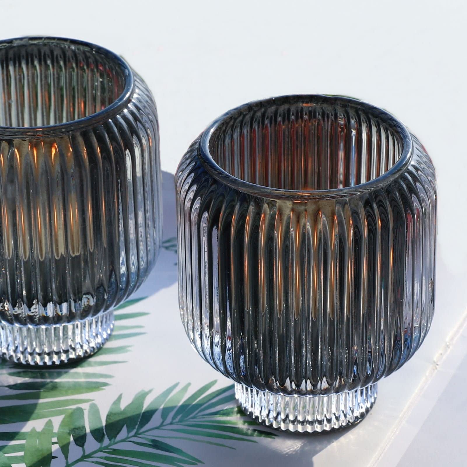 Woho Grey Glass Votive Candle Holders - Set of 2 for Table Centerpiece, Home Decor & Bulk Tealight Holders - Perfect for Birthday Parties, Weddings & Romantic Dinner Settings