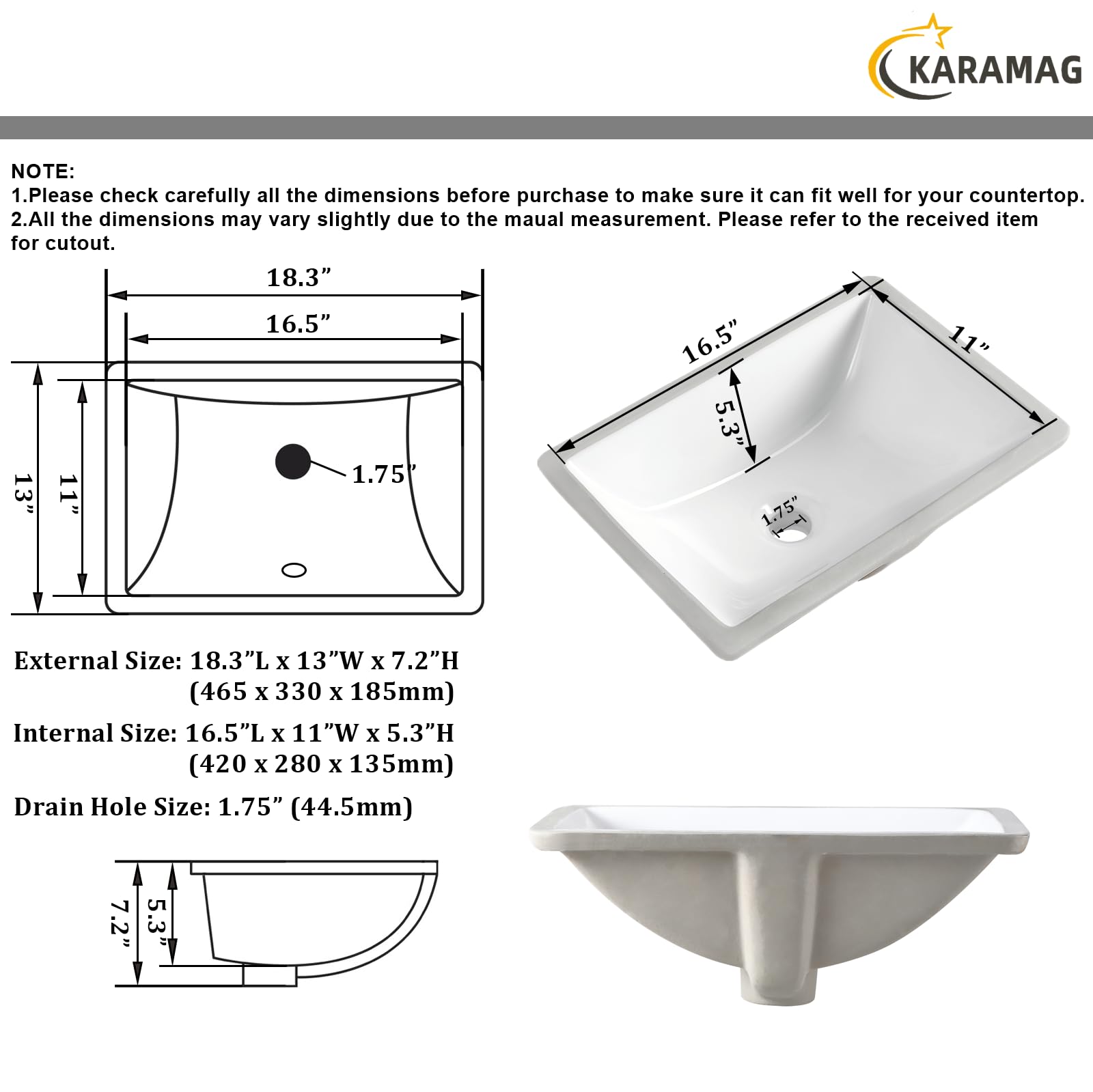 Premium Vitreous Ceramic Undermount Bathroom Sink - Durable Rectangle Vanity Sink for Restroom & Lavatory, Pure White (18.3