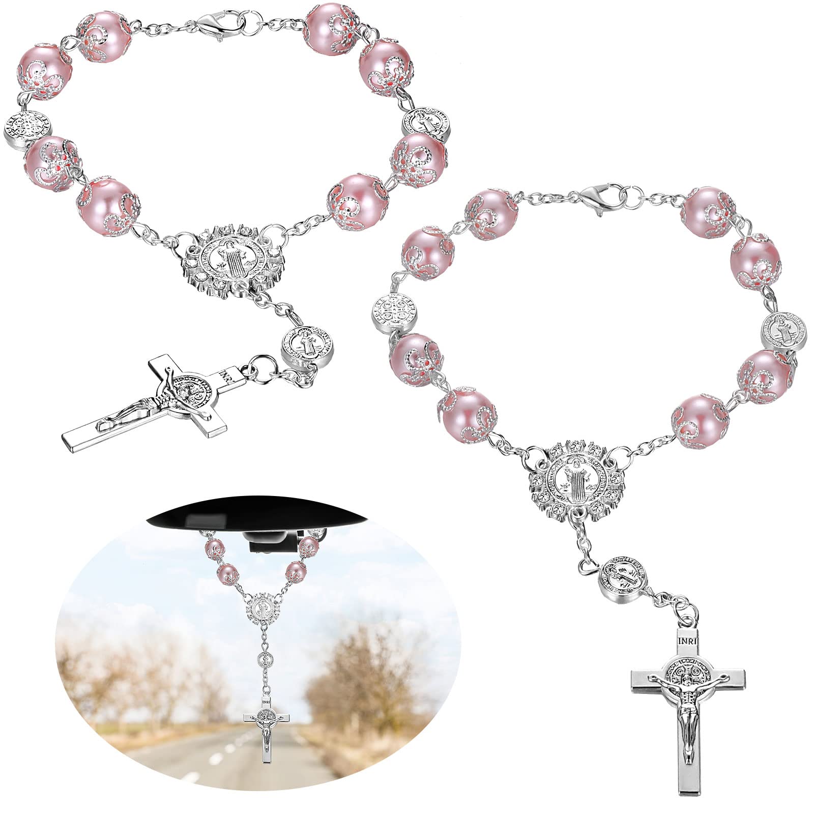 Saint Benedict Car Rosary - 2 Pack Catholic Auto Rosary Cross for Rearview Mirror, Truck, Bike & Motorcycle - Personalized Blessing Medal & Hanging Decor Accessories (Pink) - Perfect for Daily Commute, Road Trips & Spiritual Protection