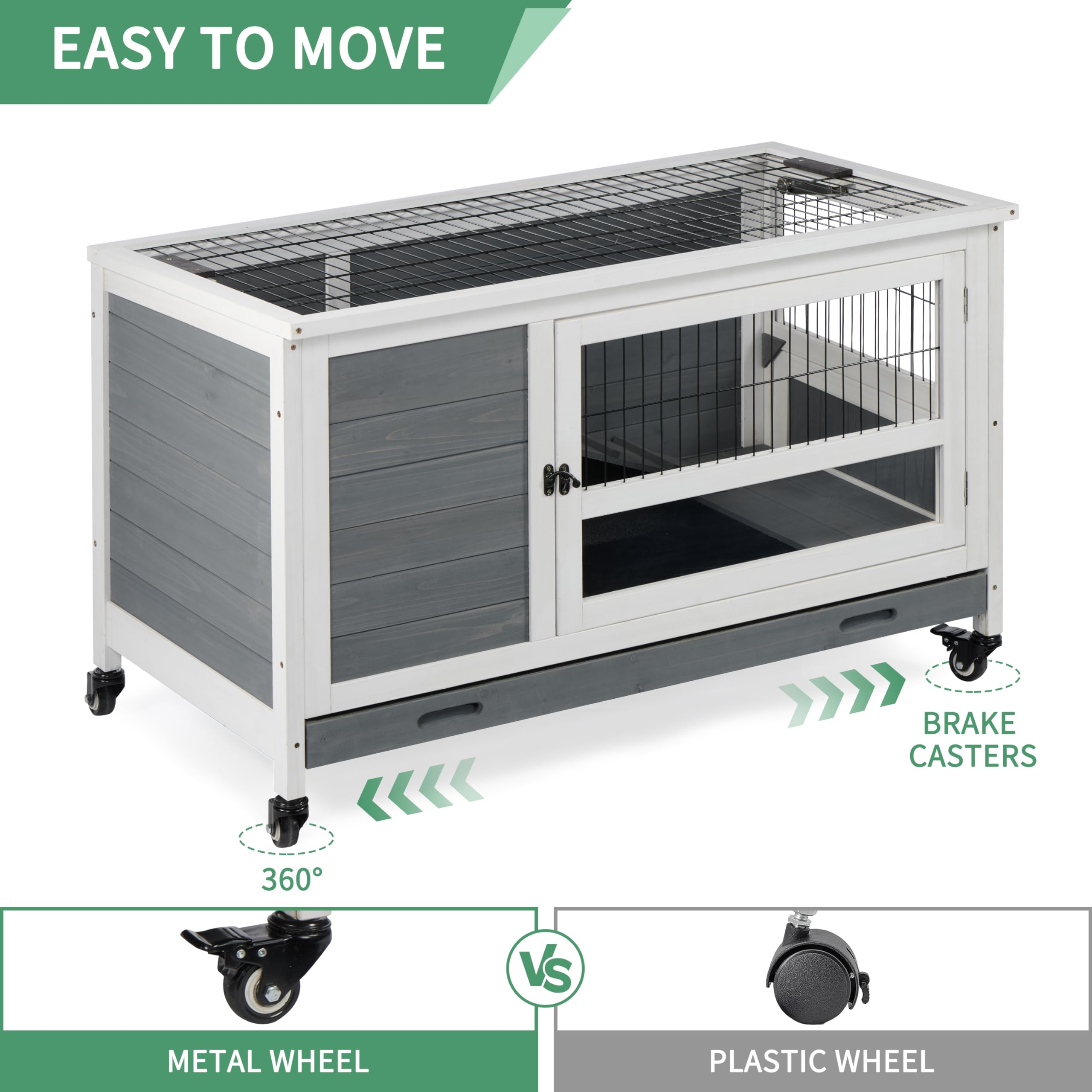 Outdoor & Indoor Rabbit Hutch Bunny Cage with Wheel & Plastic Tray - Wooden Guinea Pig House for Small Pets - Perfect for Backyard, Garden, or Home Use