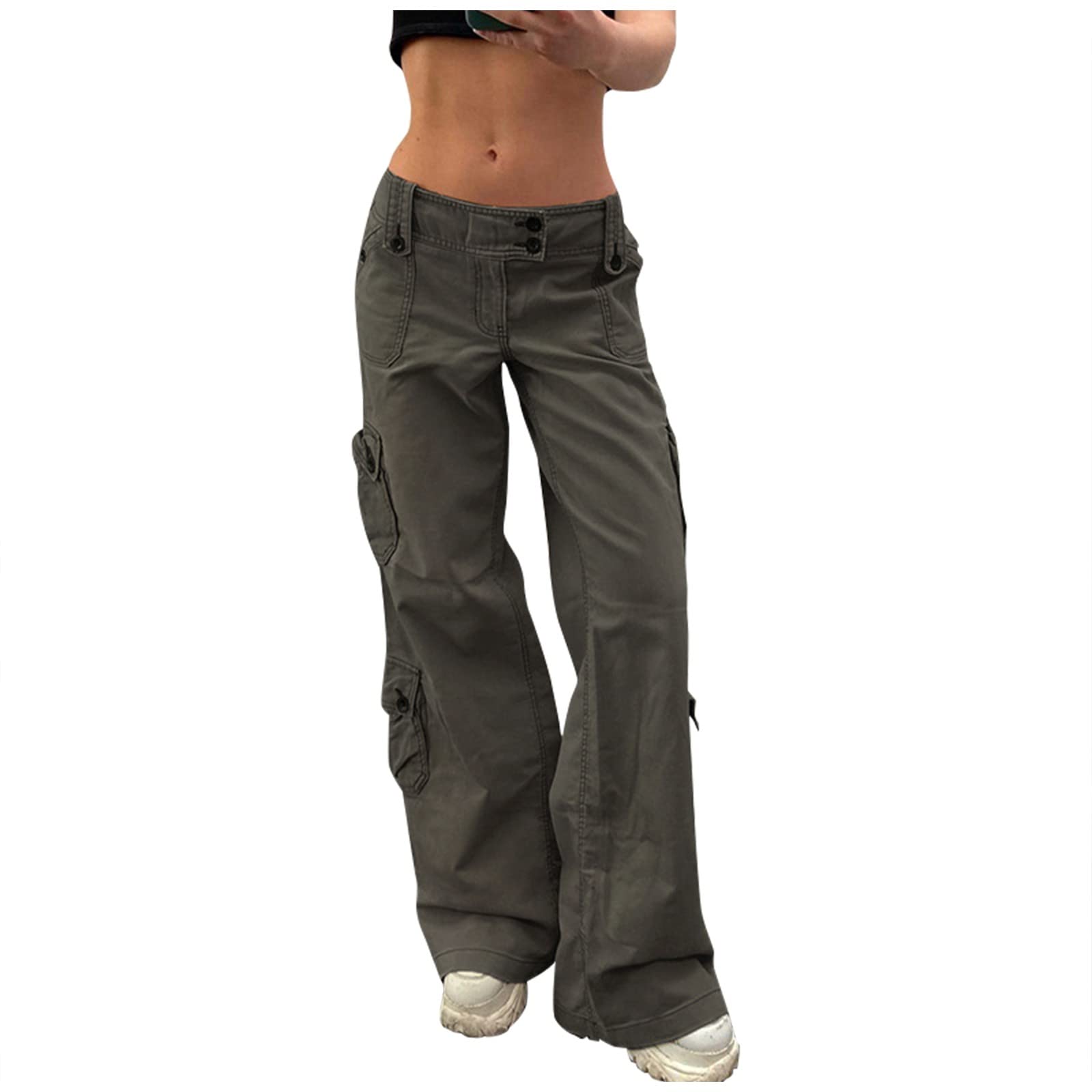 Women's Low Waist Cargo Pants - Wide Leg Baggy Joggers with Drawstring | Vintage Y2K Harajuku Style Casual Lounge Pants for Streetwear, Workout & Everyday Comfort