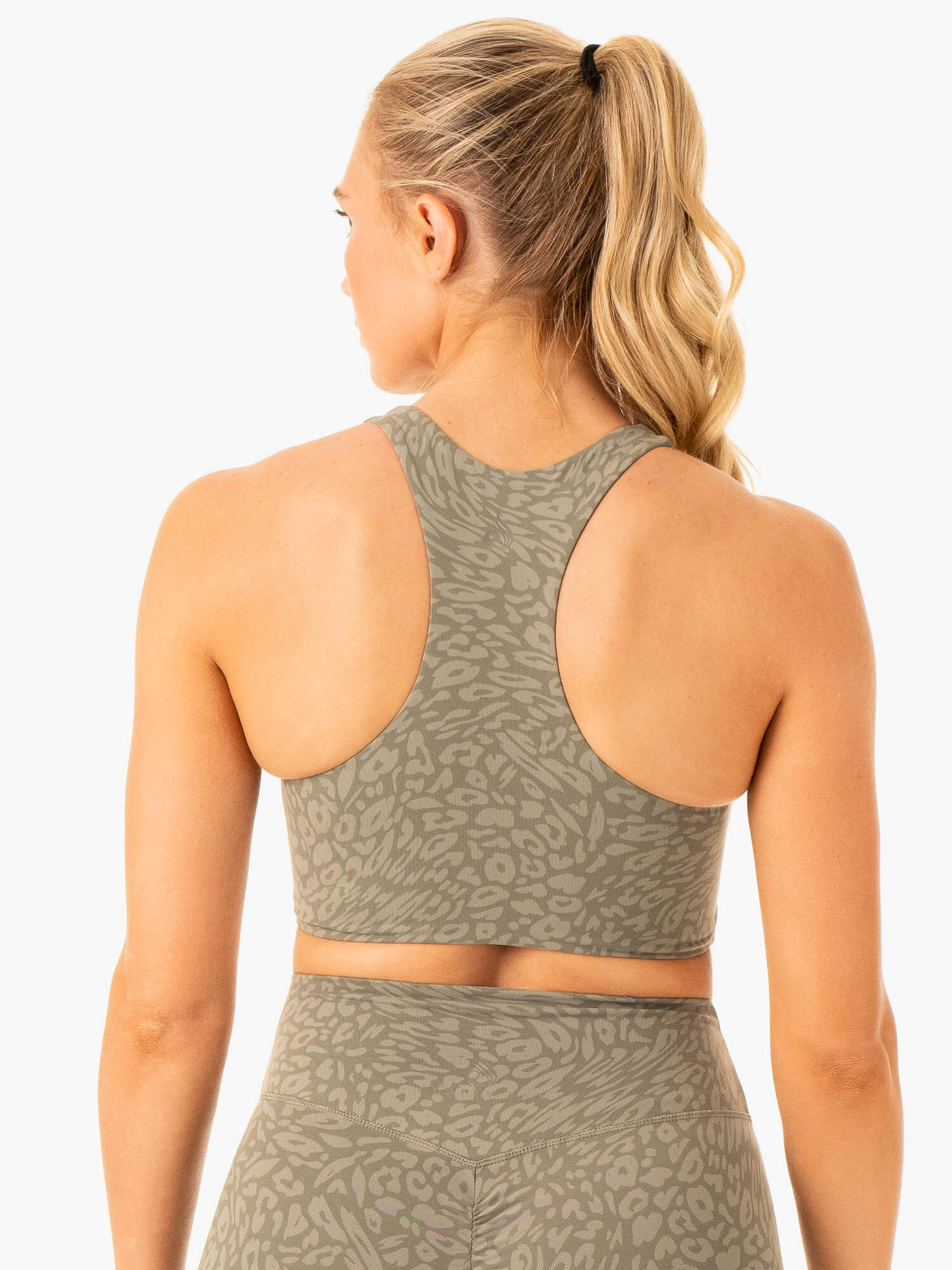 High-Performance Rotation Sports Bra - Khaki Leopard Print for Yoga, Running & Gym Workouts | Moisture-Wicking & Supportive Activewear
