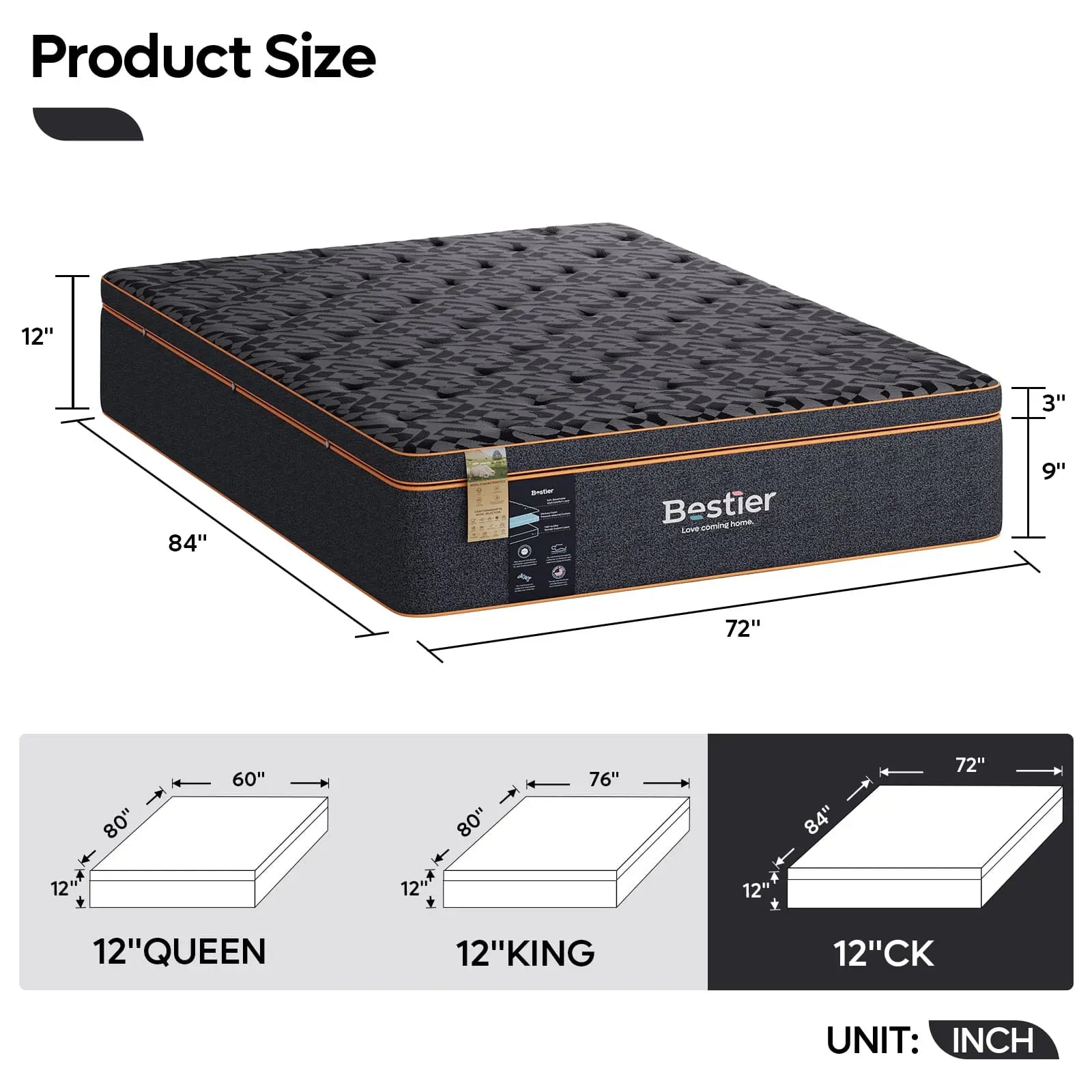 Bestier 12 Inch Organic Wool Pillow Top California King Gel Memory Foam Mattress - Premium Support for Back Pain Relief & Pressure Relief - Perfect for Master Bedroom, Guest Room & RV Use