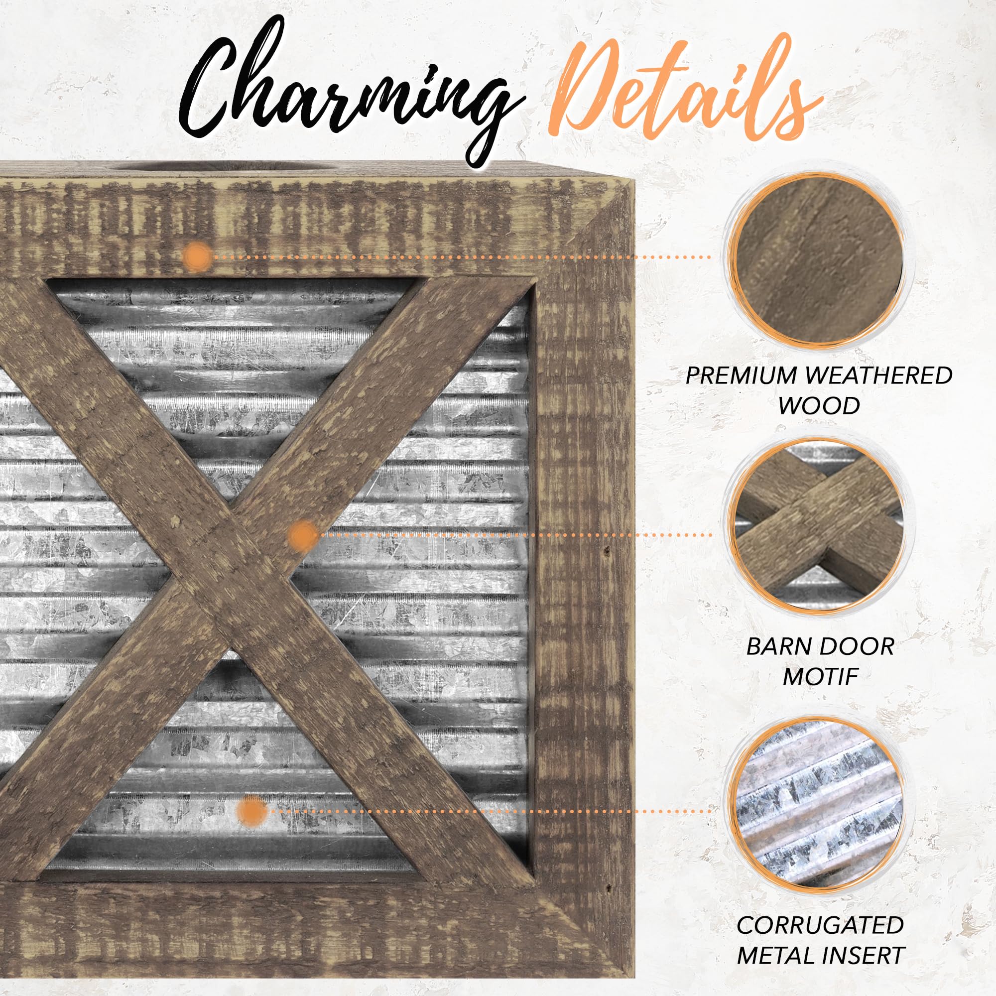 Rustic Square Farmhouse Tissue Box Cover - Wooden Bathroom Tissue Holder with Galvanized Decor for Farmhouse Style Homes | Perfect for Bathroom, Living Room, and Bedroom Décor