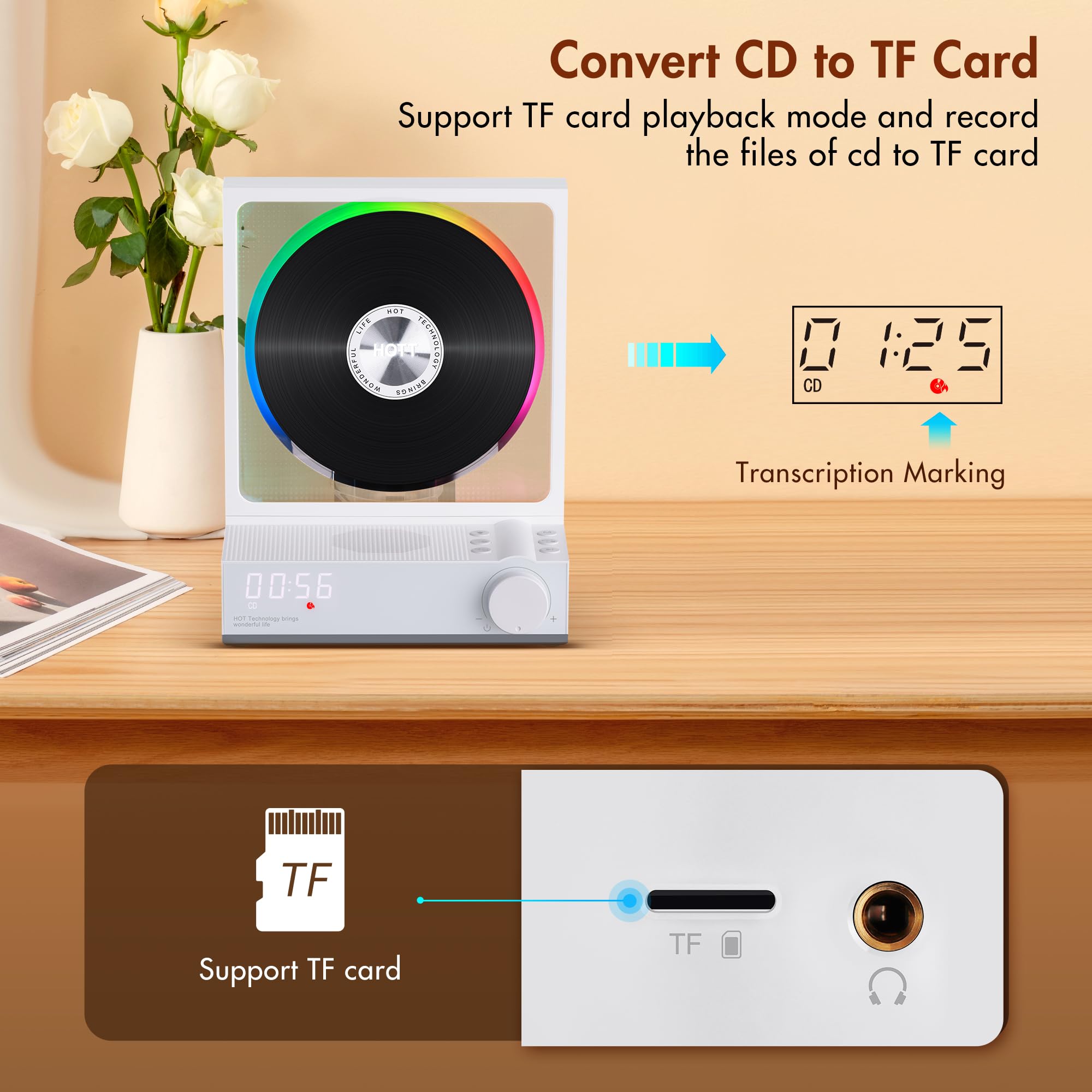 Portable Bluetooth CD Player with HiFi Stereo Sound, USB/TF Card Reader & RGB Lights - Compact Desktop CD Player for Home, Office, Dorm | Perfect for Music Lovers, Audiobooks, and Retro Music Playback