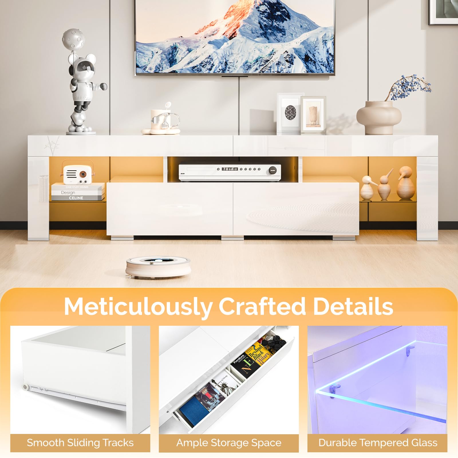 Bonnlo 63 Inch Modern LED TV Stand with Storage & Ambient Lighting - Entertainment Center for 70 Inch TVs, Living Room Furniture (White, 63