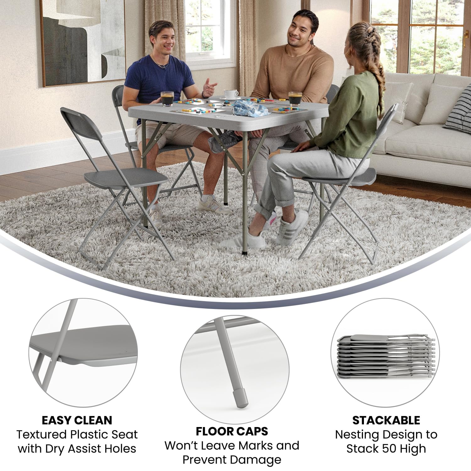 Flash Furniture Hercules Series 4-Pack Grey Plastic Folding Chairs - 650LB Weight Capacity - Lightweight & Comfortable Event Seating for Parties, Weddings, and Outdoor Gatherings