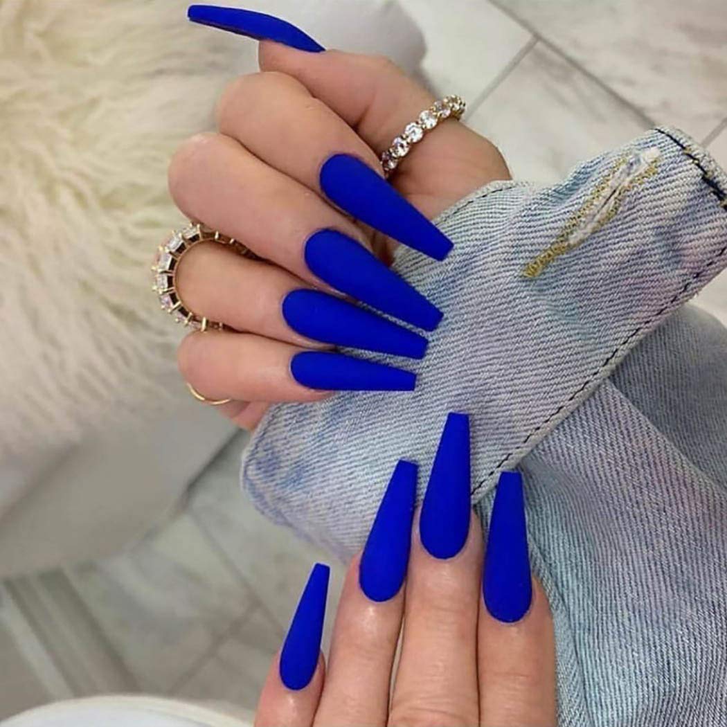 24 Pcs Long Coffin Press on Nails - Blue Matte Ballerina Fake Nails for Women & Girls | Full Cover Artificial Nails for Parties, Weddings & Special Occasions