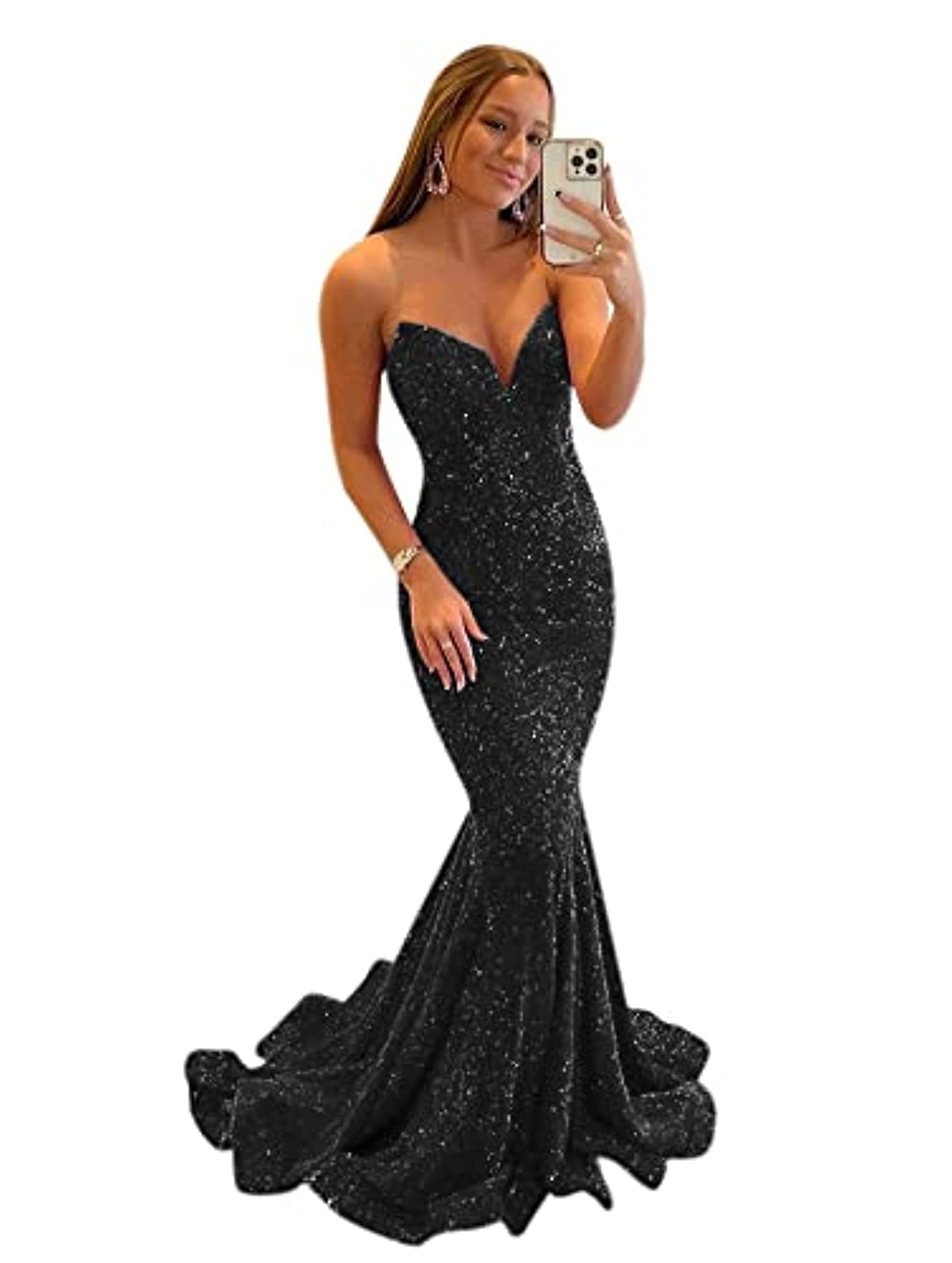 Lvxiuzi Women's Sparkly Sequin Mermaid Prom Dress Strapless Sweetheart Neckline Long Evening Gown for Homecoming, Party, Wedding & Special Occasions