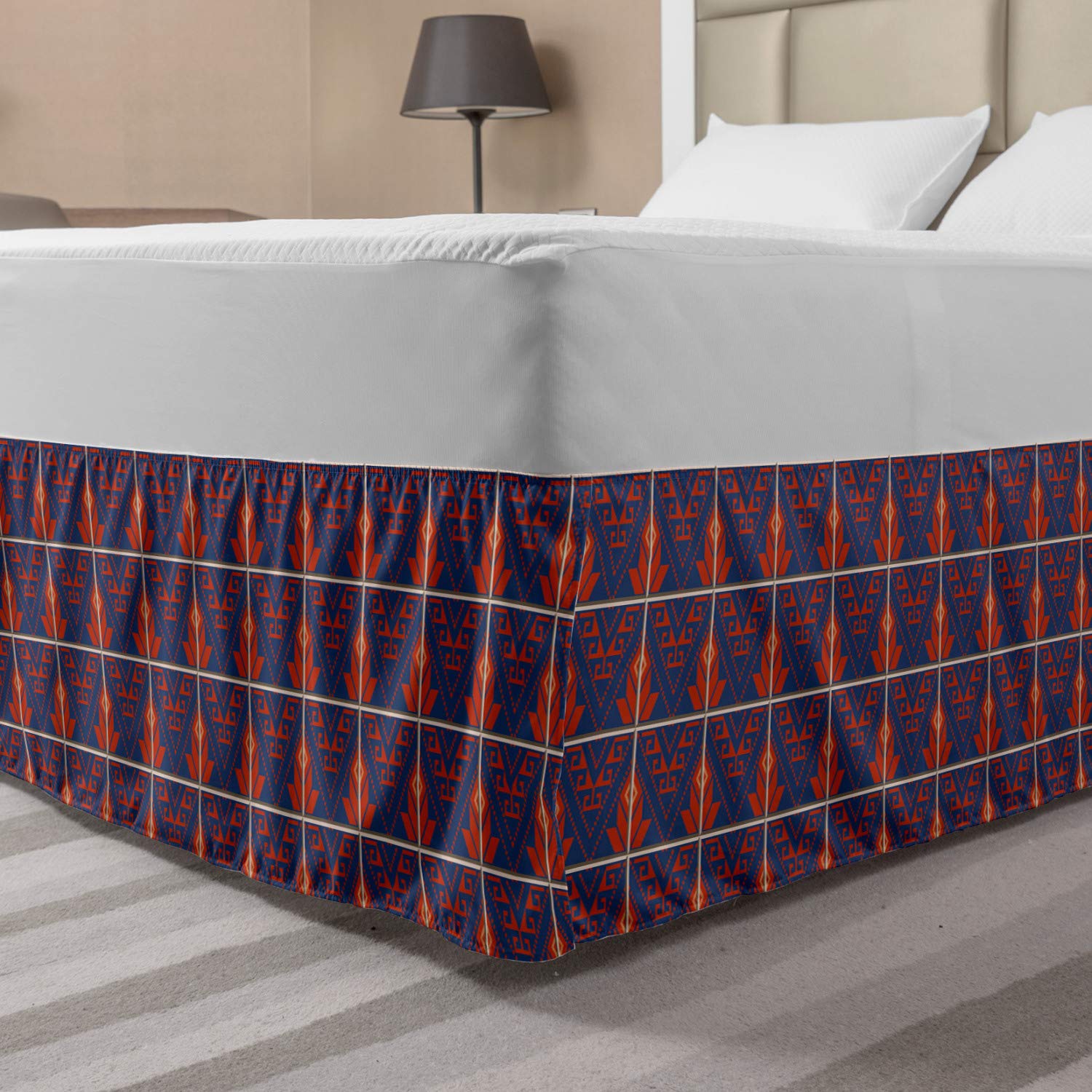 Ambesonne Antique Oriental Bed Skirt - Bohemian Floral Petals in Geometric Frames, Elastic Wrap Around Gathered Design for King Size Beds (Violet Blue Vermilion) | Perfect for Bedroom Decor & Boho Chic Home Styling
