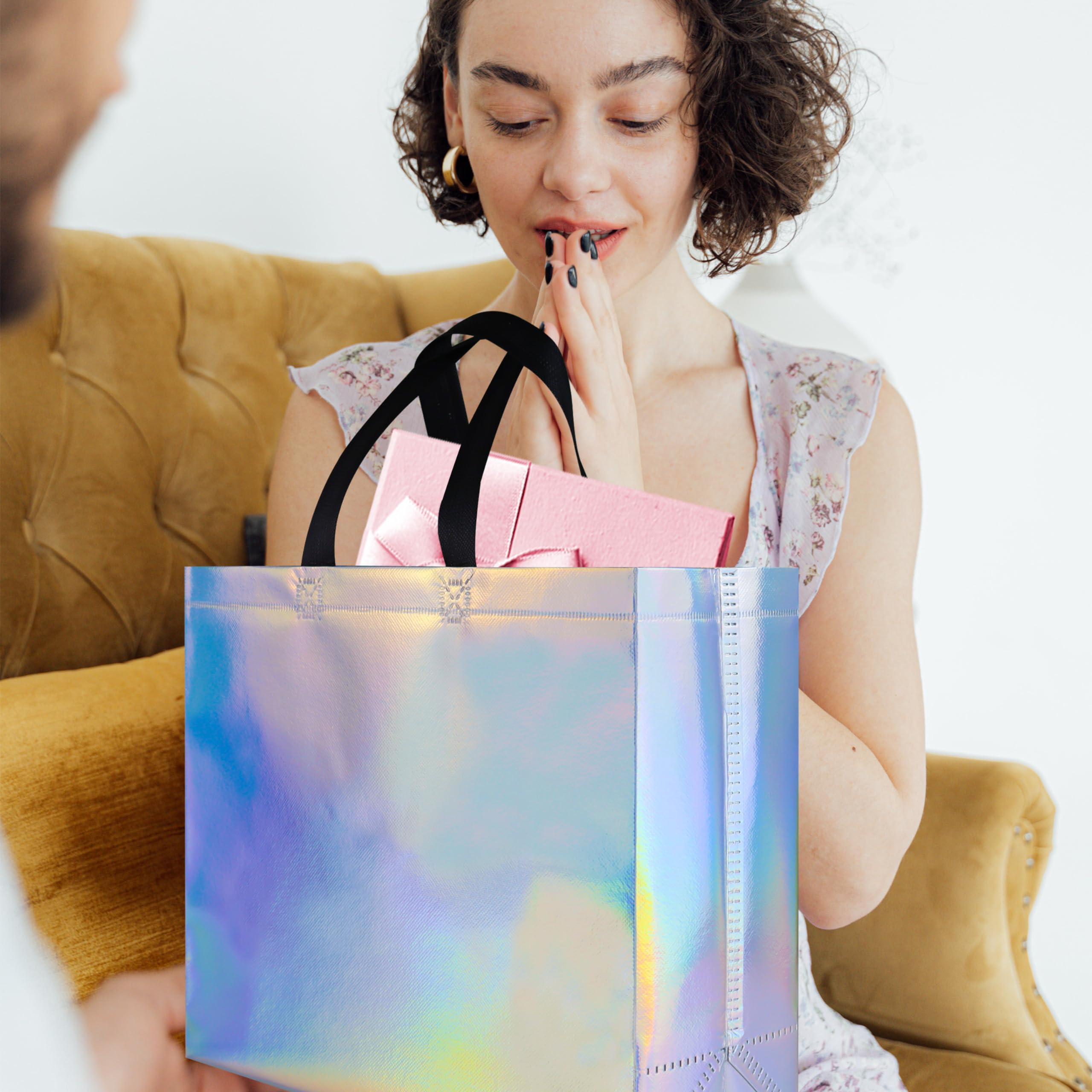 15 Pack Glossy Iridescent Reusable Gift Bags with Black Handles - 12.6x4.7x11 Inch Non-Woven Party Favor Bags with Sturdy Base - Perfect for Christmas, Birthday, Wedding, Easter & Holiday Celebrations - Great for Gift Wrapping, Party Favors & Special Occasions