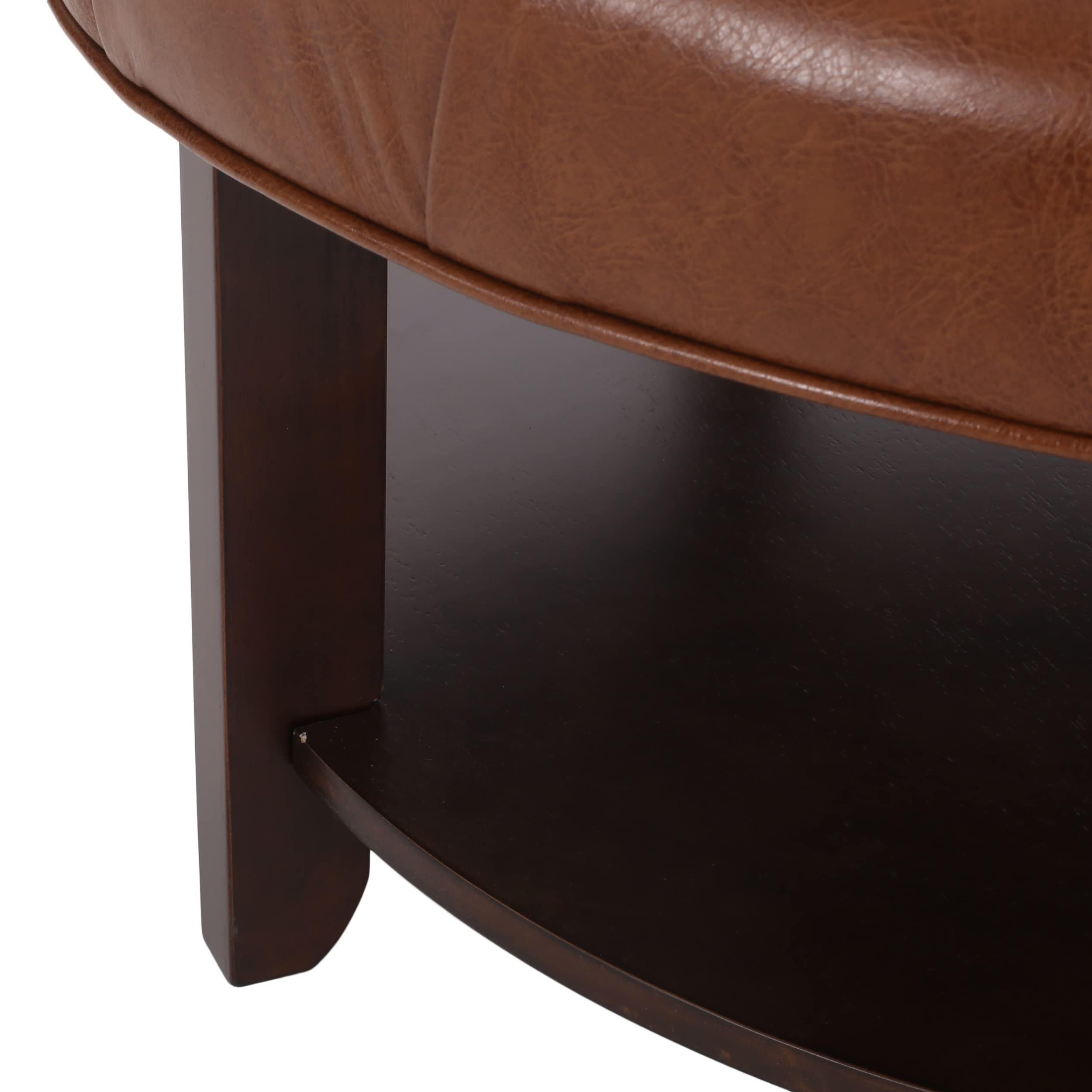 Christopher Knight Home Rumbrook Tufted Round Ottoman with Storage Shelf - Faux Leather Footrest Stool - Cognac Brown/Espresso - Perfect for Living Room, Bedroom & Home Office