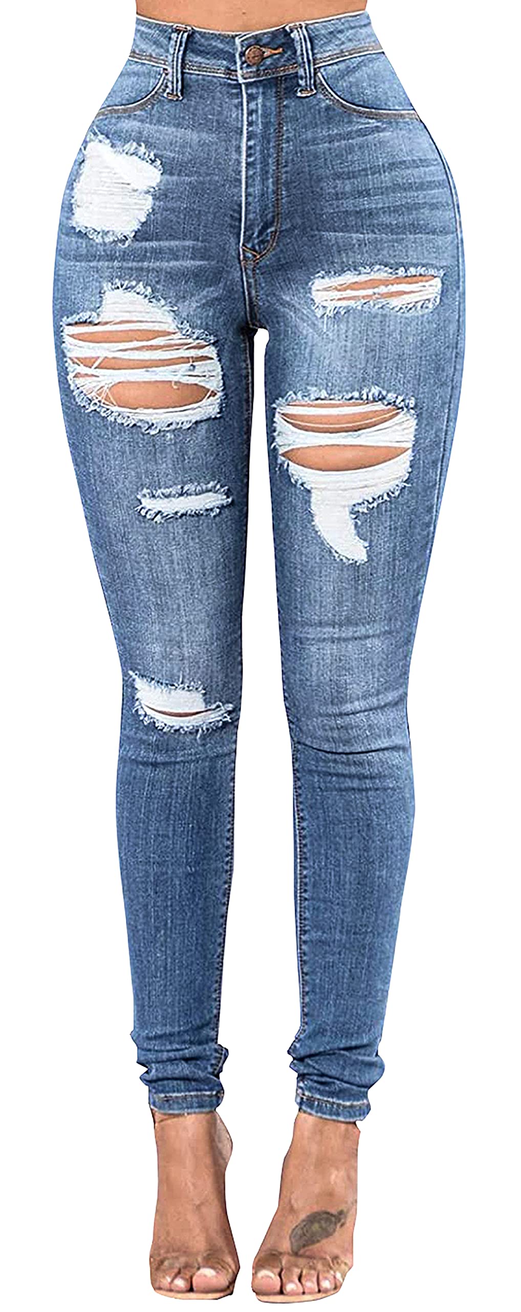 FairBeauty Women's Skinny Stretch Jeans - Frayed Raw Hem, Slim Fit Ripped Denim Pants for Casual Wear & Night Out | High Waisted Comfort Jeans for Everyday Style