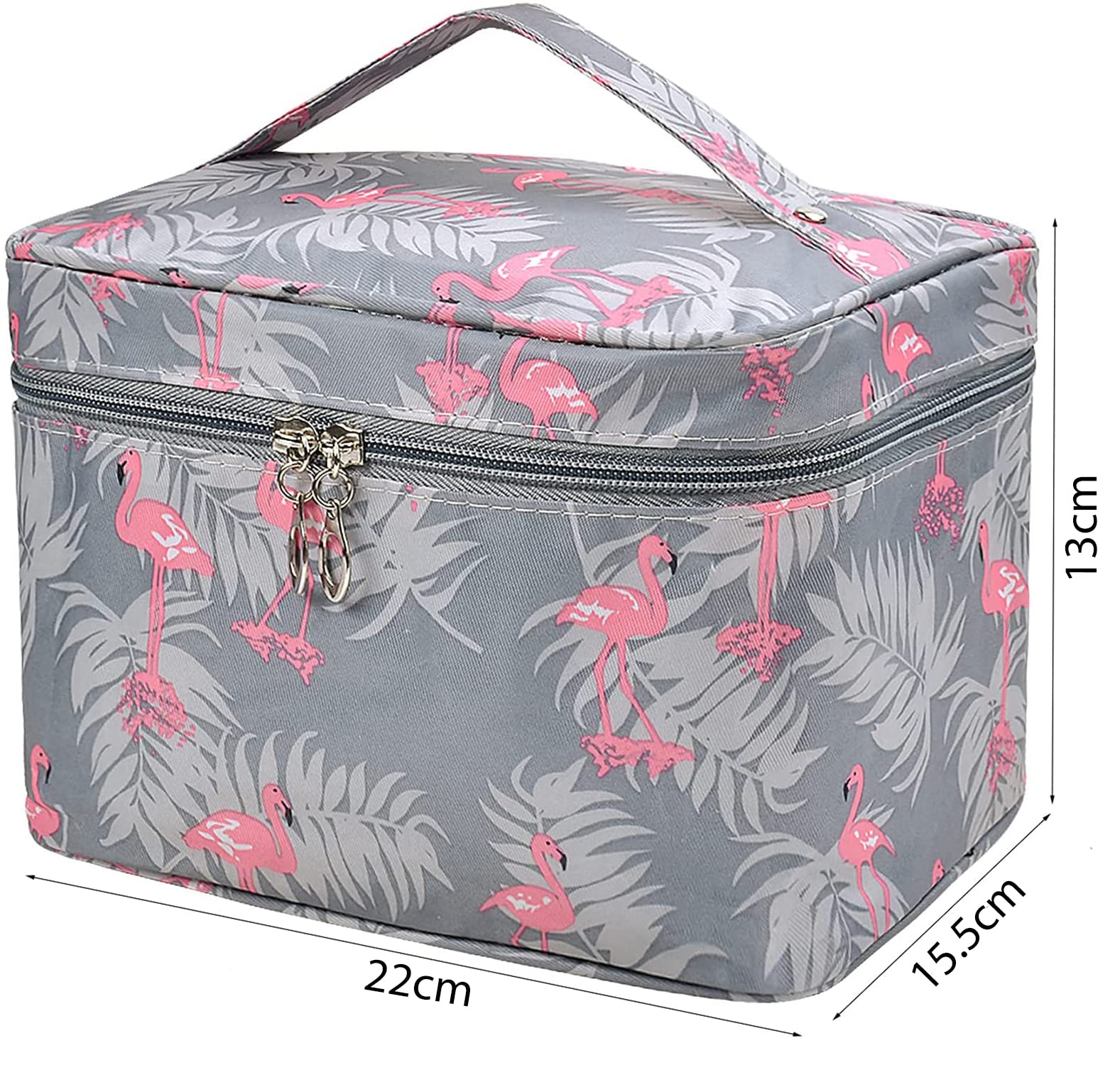 House of Quirk Travel Toiletry Bag for Women - Large Portable Makeup Organizer with Zipper, Water-Resistant Cosmetic Case (Grey Flamingo Print) - Perfect for Vacation, Gym & Business Trips