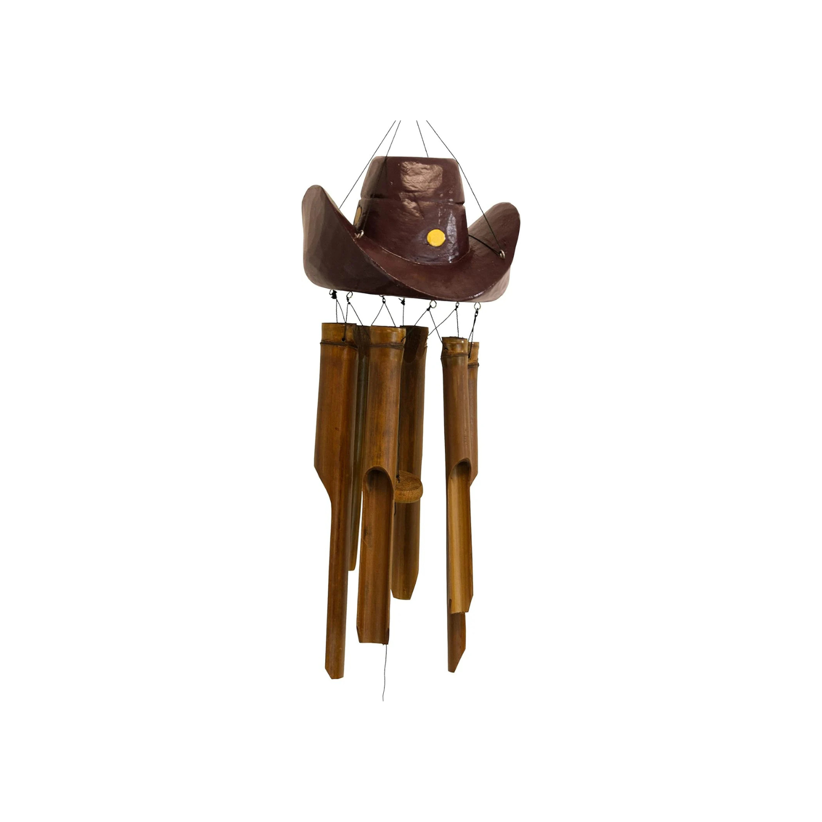 Hand Carved Bamboo Wind Chime with Cowboy Hat Design - Outdoor Deep Tone Wooden Wind Chimes, Brown Mahogany Finish for Garden, Patio & Porch Decor - Perfect for Relaxing Ambience & Western Style Home Decor