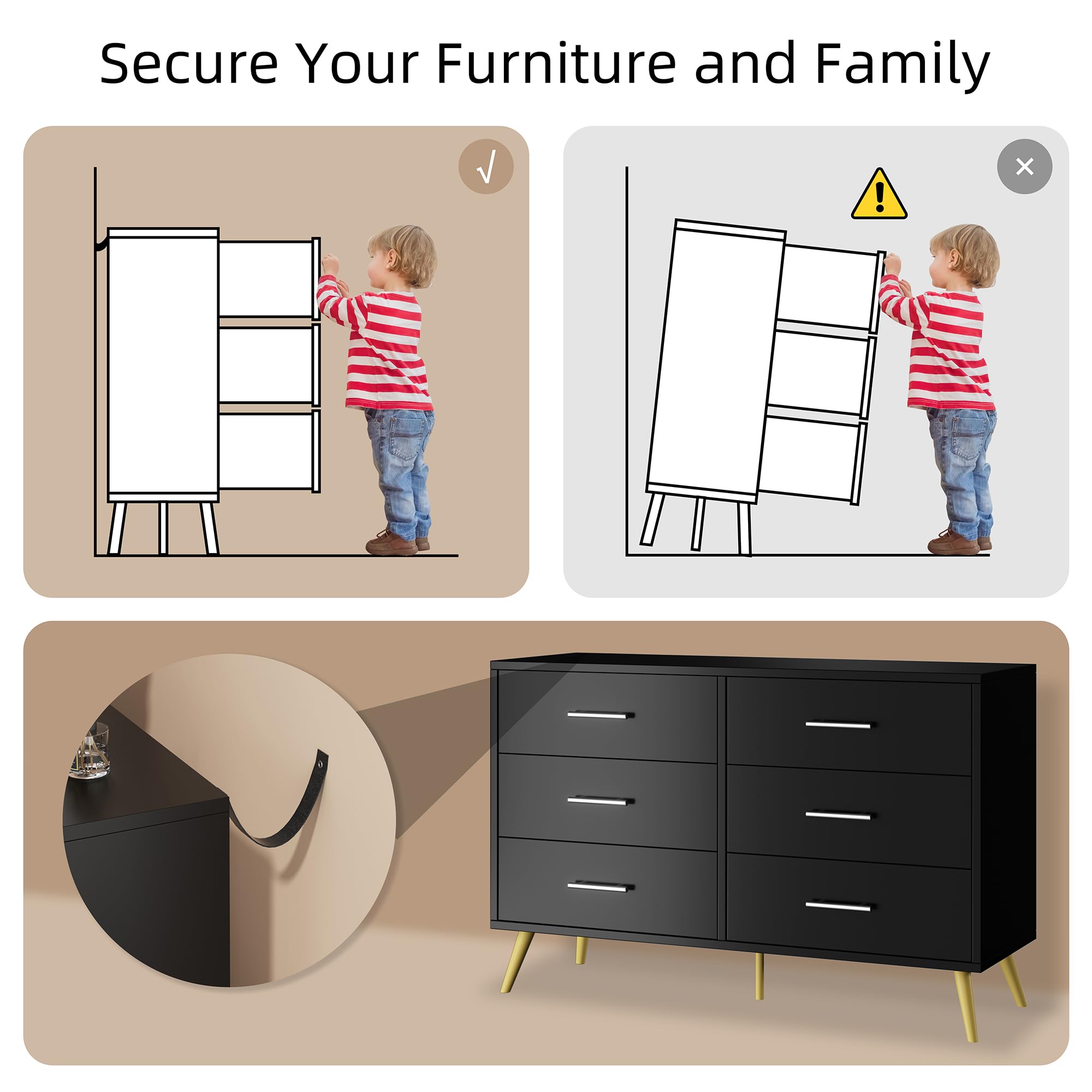 Shintenchi 6-Drawer Dresser - Modern Wide Chest of Drawers with Large Storage, Black Organizer Cabinet for Bedroom, Living Room & Porch | Perfect for Clothes, Toys & Home Organization