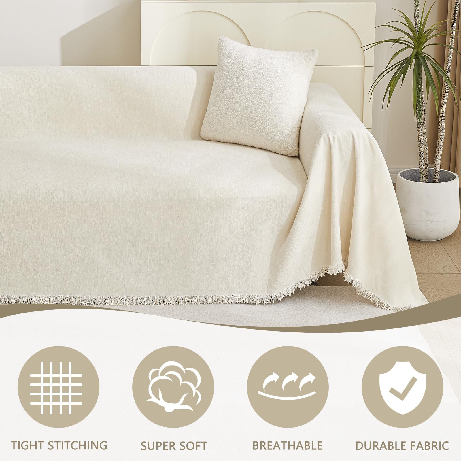 Boho Chenille Sofa Cover with White Tassels - Farmhouse Couch Slipcover for Sectional & L-Shaped Couches (91