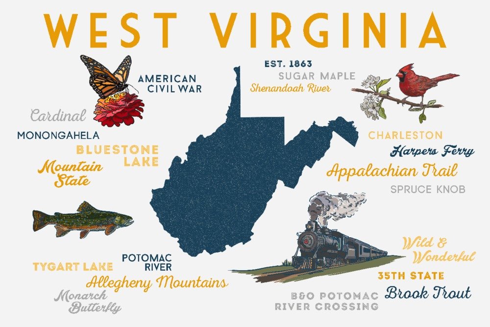 Lantern Press West Virginia Typography & Icons Wall Art - 12x18 Wrapped Canvas Print for Home & Office Decor - Perfect for Living Room, Bedroom or Gift