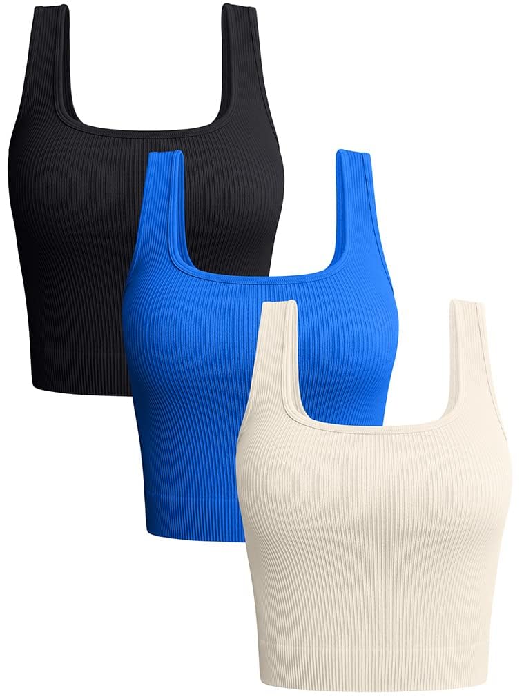 OQQ Women's 3-Pack Ribbed Seamless Tank Tops - Breathable Workout Shirts for Yoga, Gym & Summer 2025 - Basic Camisole Tops for Women's Fitness & Casual Wear