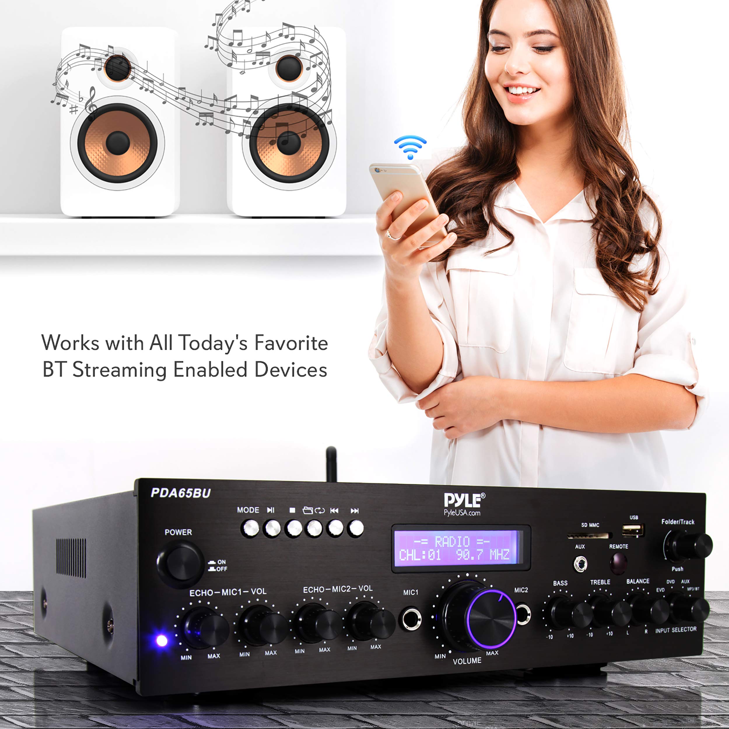 Pyle Wireless Bluetooth Power Amplifier System - 200W Dual Channel Stereo Receiver with USB, AUX, MIC Input & Echo, FM Radio - Home Theater & Studio Audio Amplifier for Parties, Karaoke, DJ Setup - Black (PDA65BU)