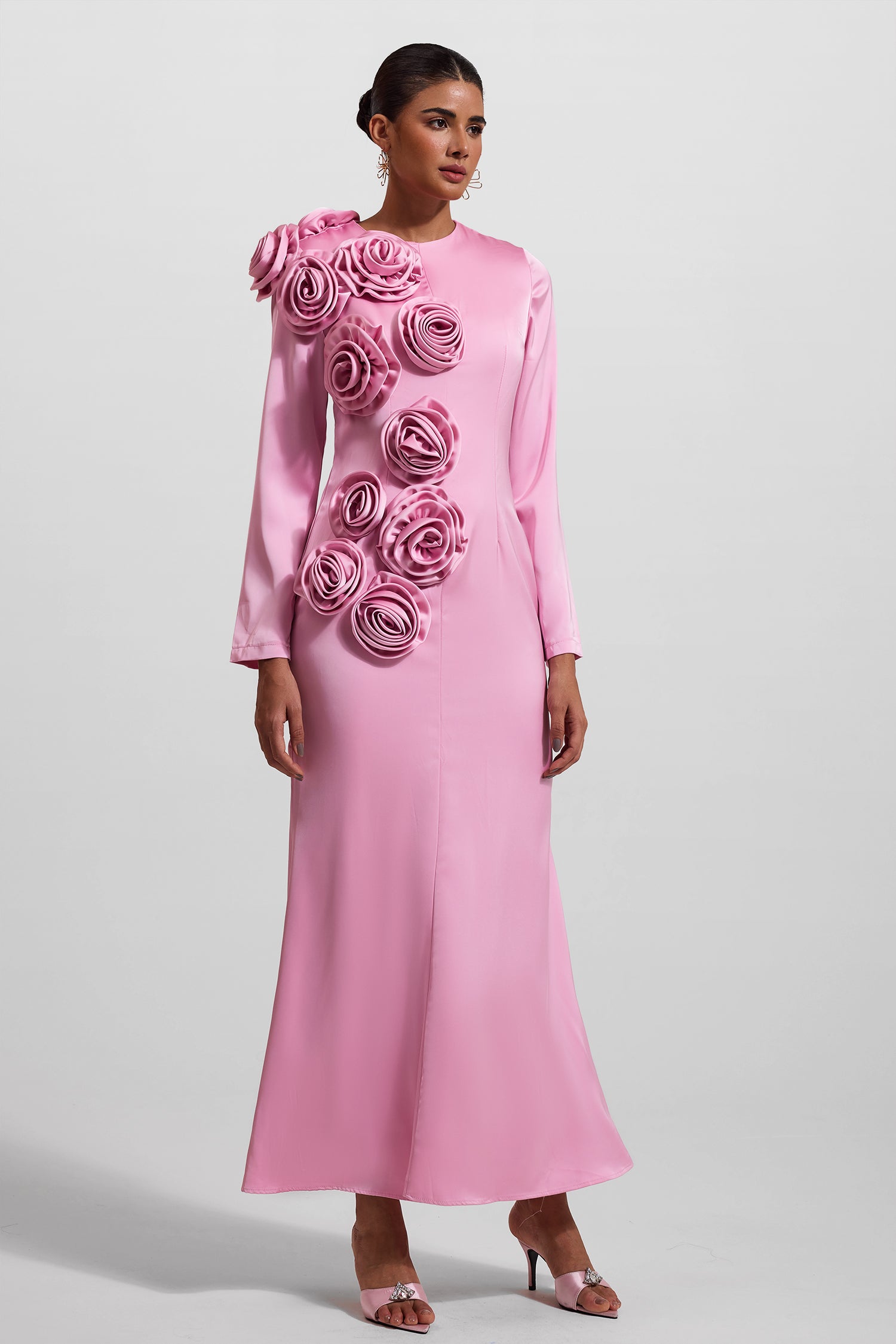 Elegant 3D Floral Print Satin Long Sleeve Midi Dress for Women - Perfect for Weddings, Parties & Special Occasions