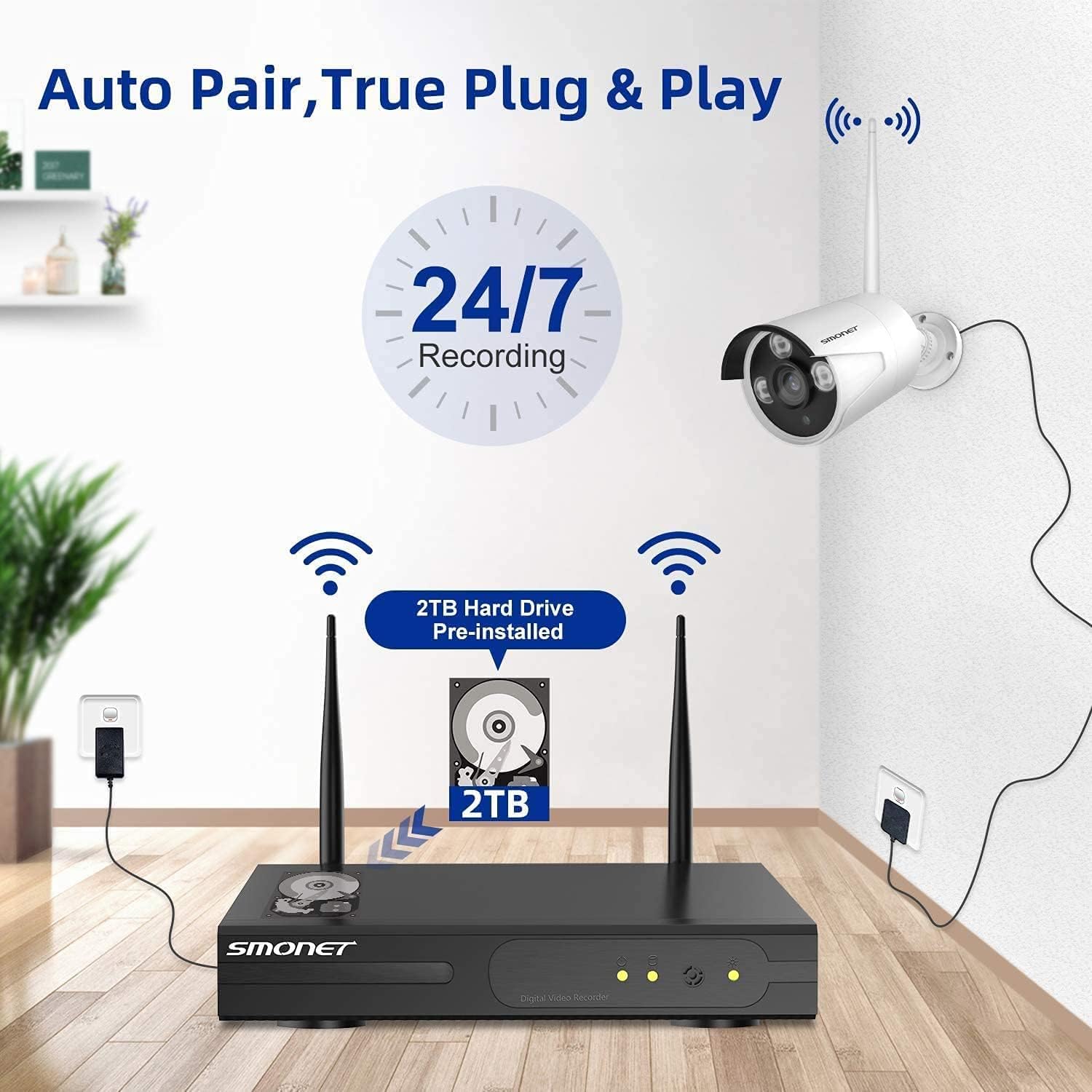 SMONET 8CH 1080P Wireless Security Camera System with 4x 2MP HD Cameras, 3TB HDD, Night Vision & Motion Detection - Indoor/Outdoor Home Surveillance DVR Kit with 24/7 Recording & Free App for Smartphone Monitoring | Perfect for Home, Office & Business Security
