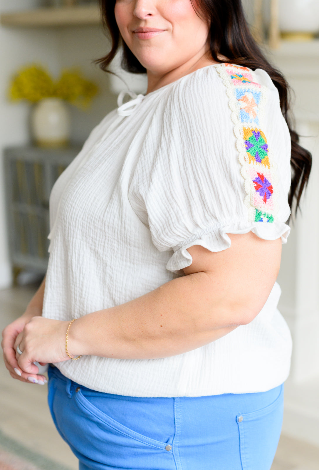 Don't You Forget About Me Crinkle Knit Blouse - Women's Vintage Inspired Ruffled Top for Casual Wear & Date Nights