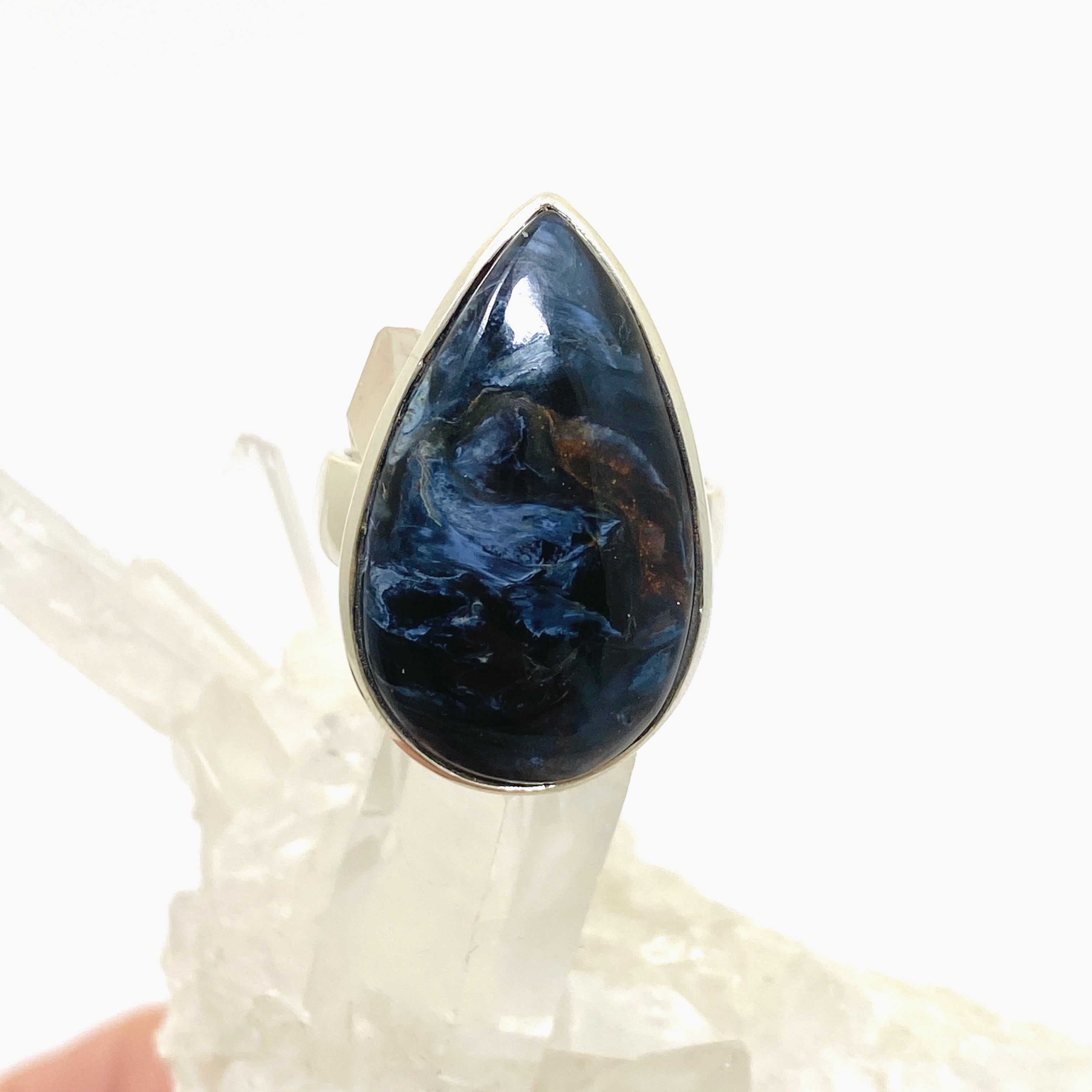 Pietersite Teardrop Cabochon Ring - Size 9.5 Sterling Silver Handmade Jewelry for Women - Perfect for Boho Fashion, Gift Giving & Special Occasions