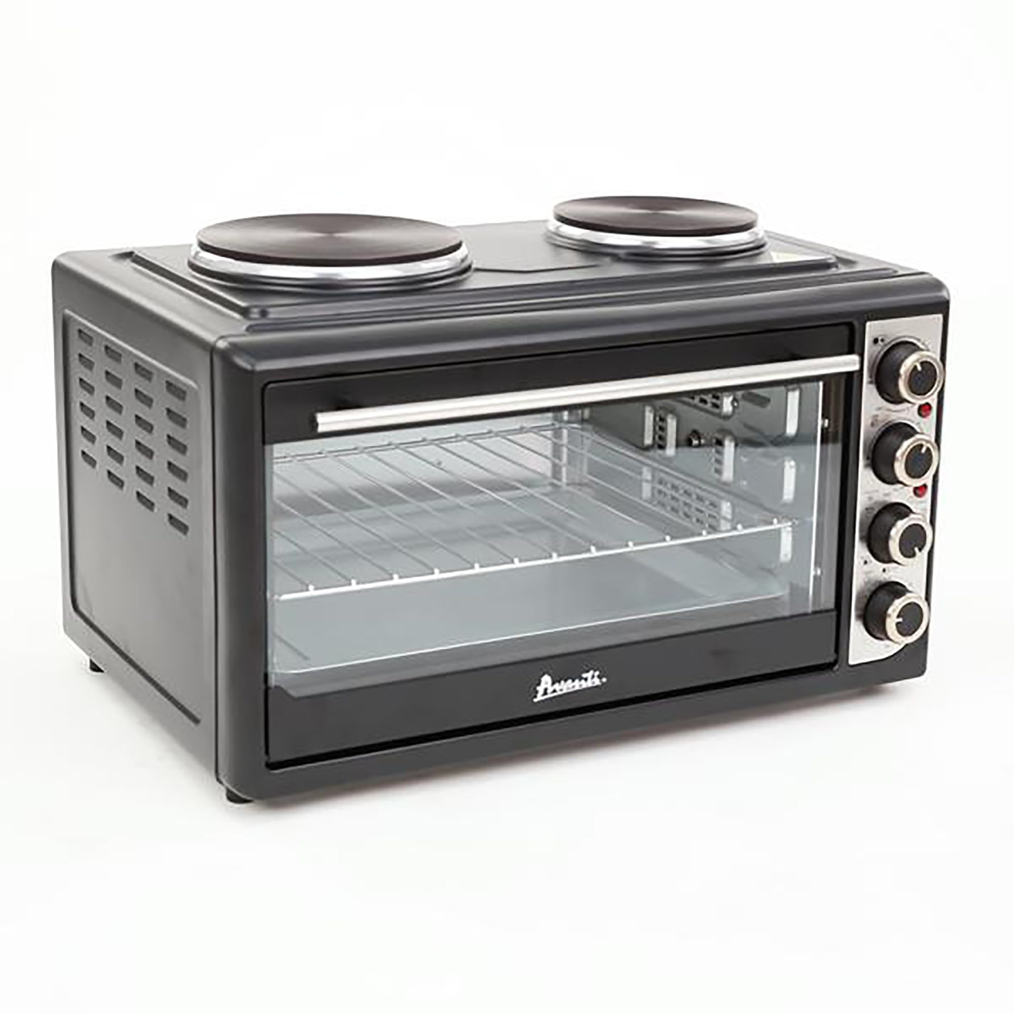 Avanti Portable Convection Oven with Rotisserie & Dual Burner Cooktop - 1.4 Cu.Ft Countertop Oven with 60-Min Timer, Auto Shut-Off - Perfect for Small Kitchens, Camping & Outdoor Cooking (Black)