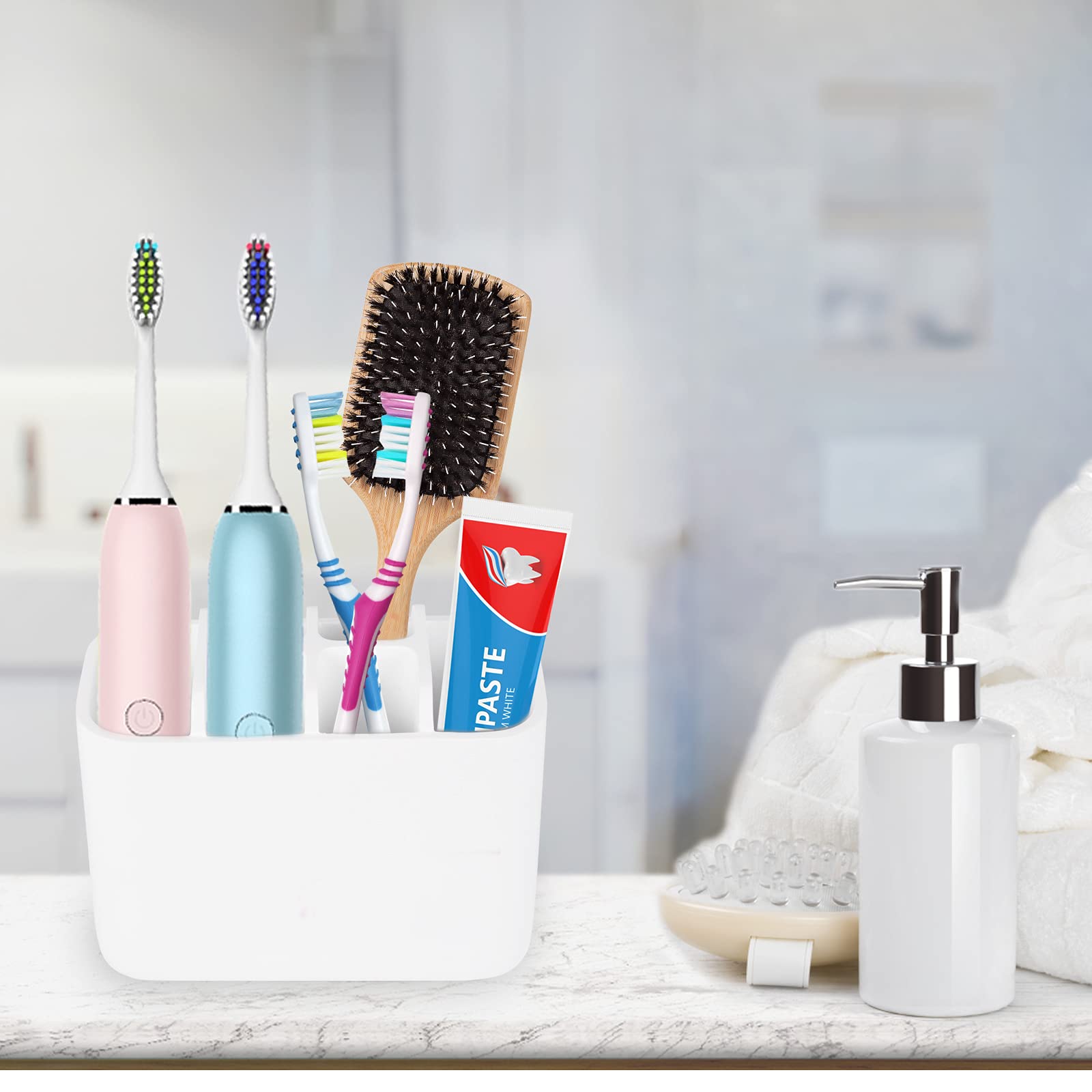 White Resin Toothbrush Holder & Organizer for Bathroom - Perfect for Toothbrushes, Makeup Brushes, and Cosmetics Storage | Compact & Stylish Bathroom Countertop Organizer
