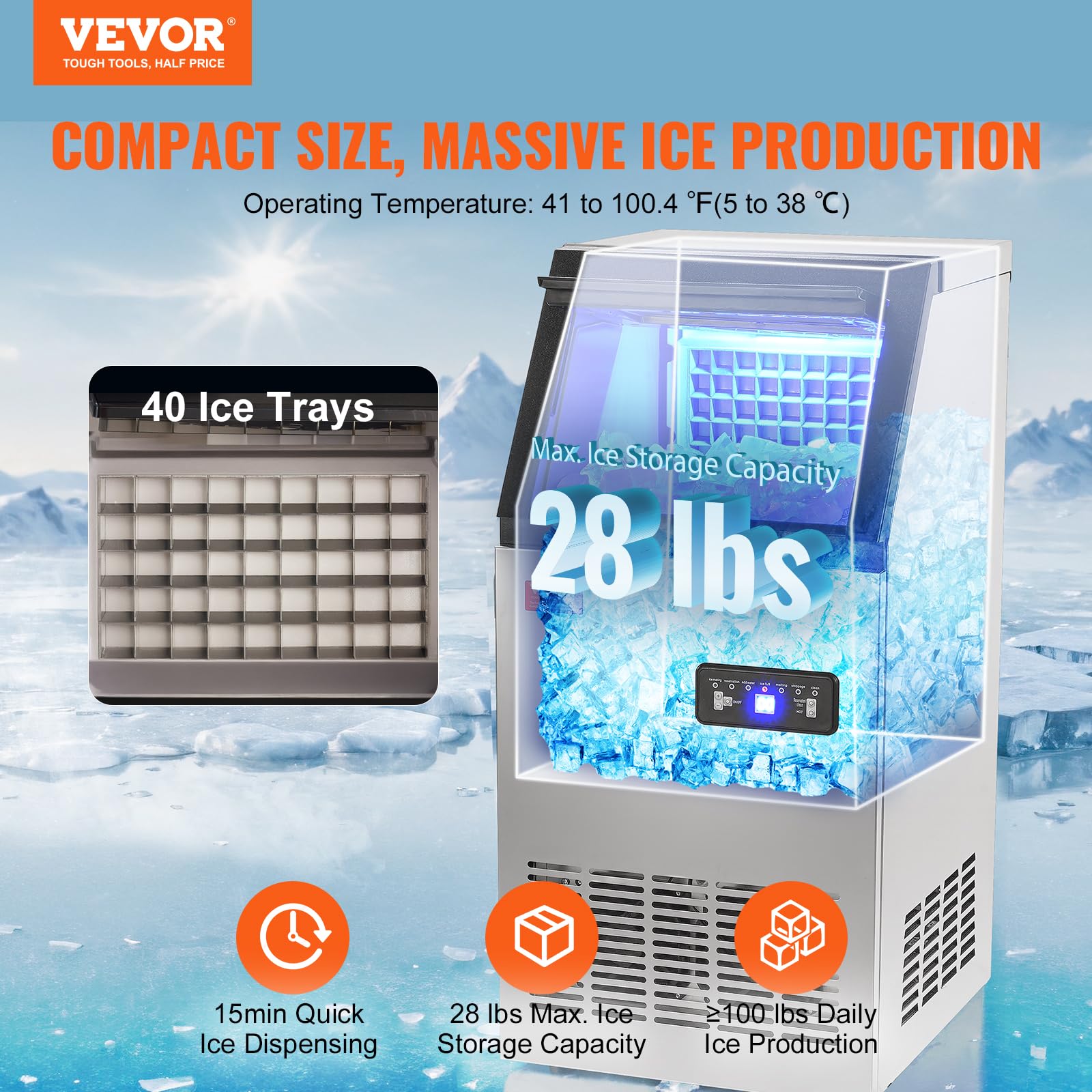VEVOR Commercial Ice Maker Machine 100LBS/24H with 28LBS Storage - Fast 40 Ice Cubes in 12-15 Mins - Perfect for Bars, Restaurants, Home & Office Use - Countertop Ice Machine for Cocktails, Beverages & Food Display