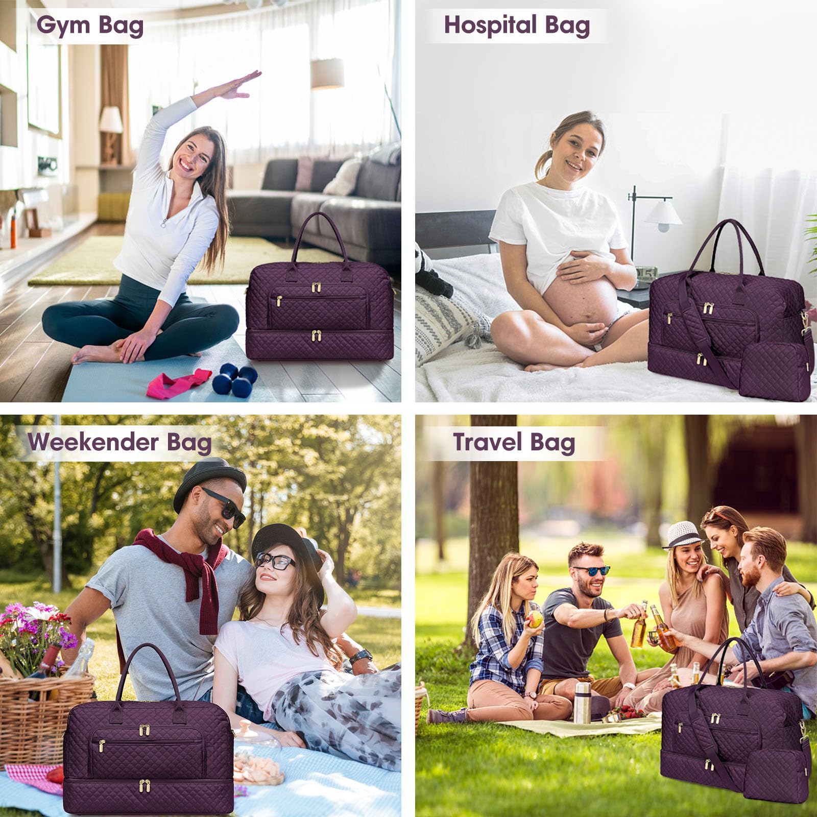 Large Women's Travel Duffle Bag - Waterproof Carry On Weekender Overnight Gym Tote with Wet Pocket & 3-Piece Set | Perfect for Business Trips, Sports, Hospital Visits & Weekend Getaways