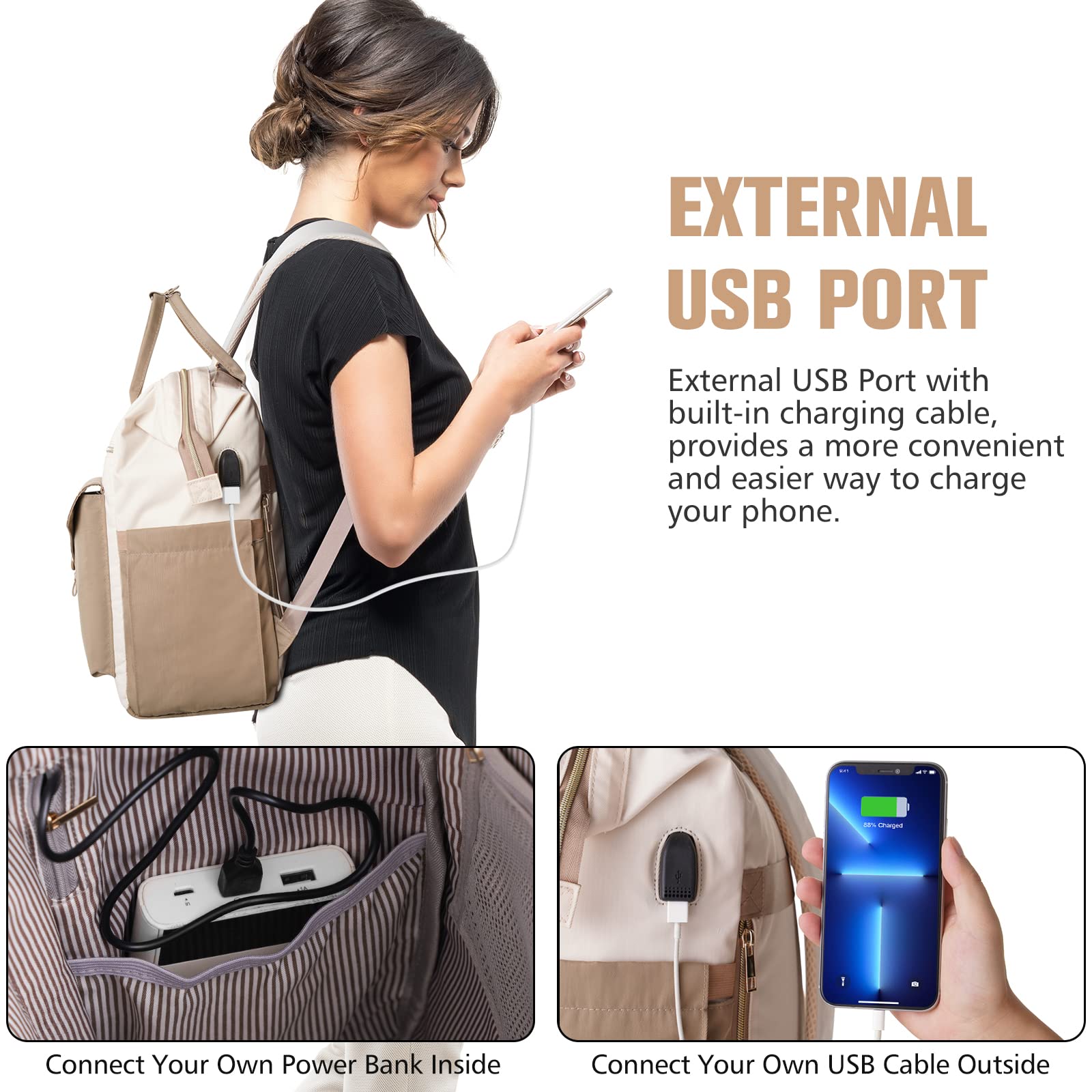 Stylish Water-Resistant Laptop Backpack for Women with USB Charging Port - Durable 17-Inch Laptop Bookbag for College Students, Teachers, Doctors & Nurses - Perfect for Work, School & Travel (Khaki Beige)