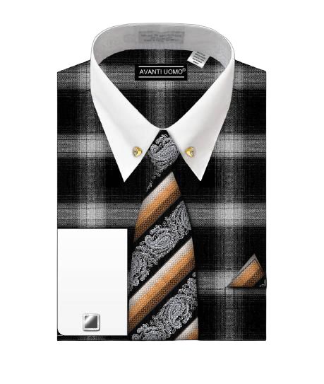 AVANTI UOMO Two-Tone Mixed French Cuff Dress Shirt with Collar Bar - DS3817P2 Black | Formal Business Attire & Special Occasion Wear for Men