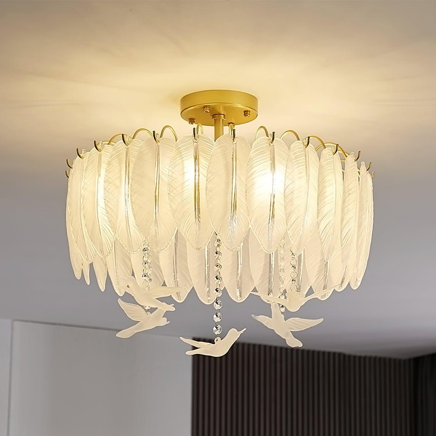 Elegant Glass Feather Ceiling Light Fixture - Modern Crystal Chandelier for Living Room, Bedroom & Dining Room Decor - Perfect for Home, Hotel and Wedding Venue Lighting