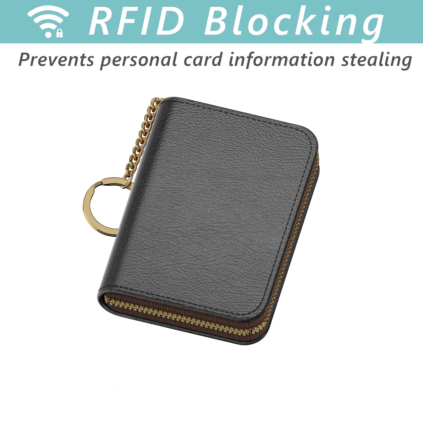 RFID Blocking Credit Card Holder - Slim Leather Wallet with Keychain & Zipper - Women's Minimalist Card Case (Black) - Perfect for Travel, Work & Everyday Use