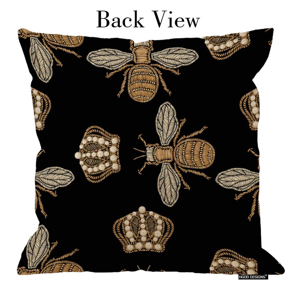 HGOD DESIGNS Gold Embroidered Bee & Crown Throw Pillow Covers 24x24 Inch - Black Bohemian Home Decor for Sofa, Bed, Living Room | Perfect for Farmhouse, Boho Chic & Nature Inspired Interiors