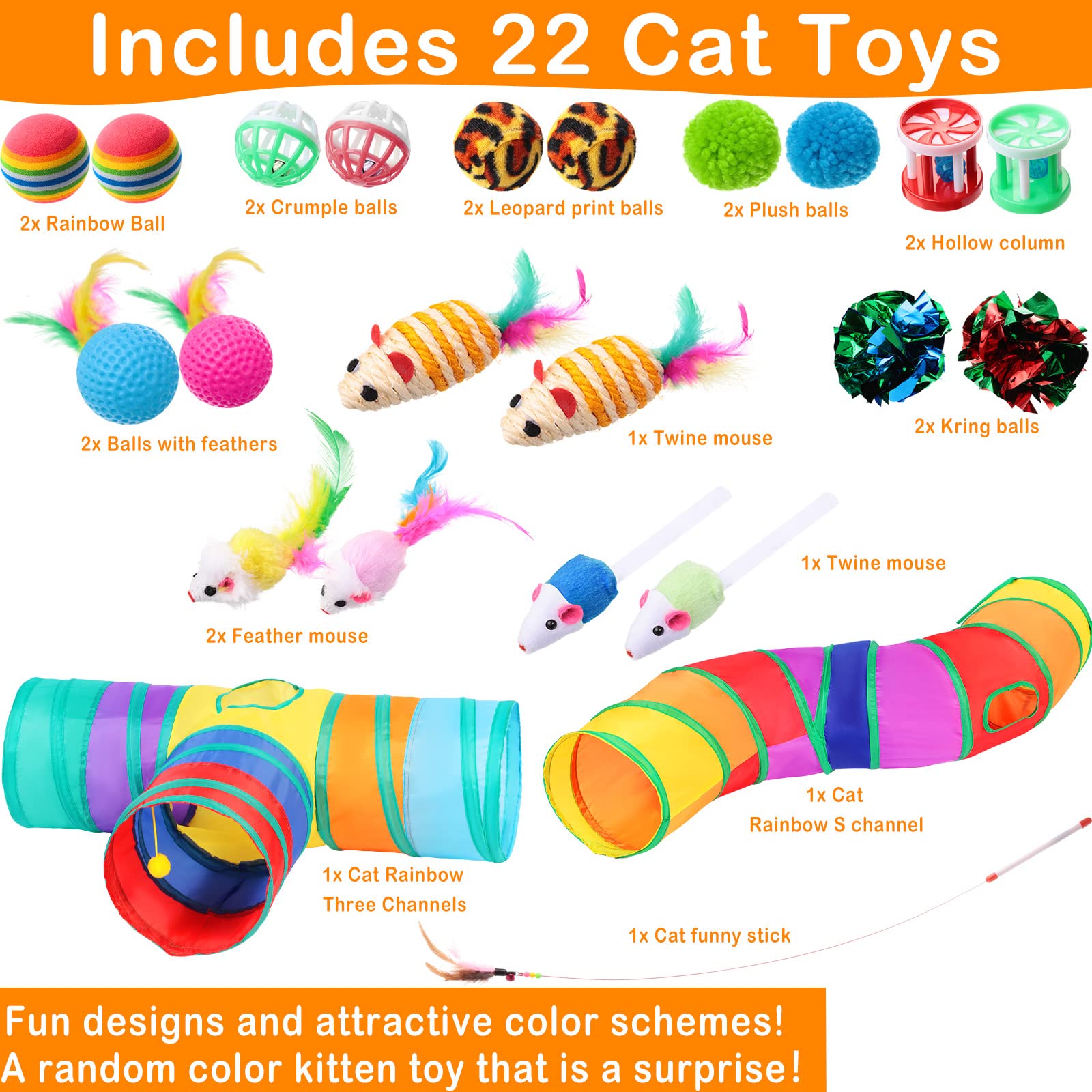 Wettarn 22-Piece Cat Toys Set with 2 Collapsible Tunnels & 20 Interactive Kitten Toys - Feather Mice, Crinkle Balls, Tubes for Indoor Cats & Puppies (Colorful) - Perfect for Playtime, Exercise & Bonding