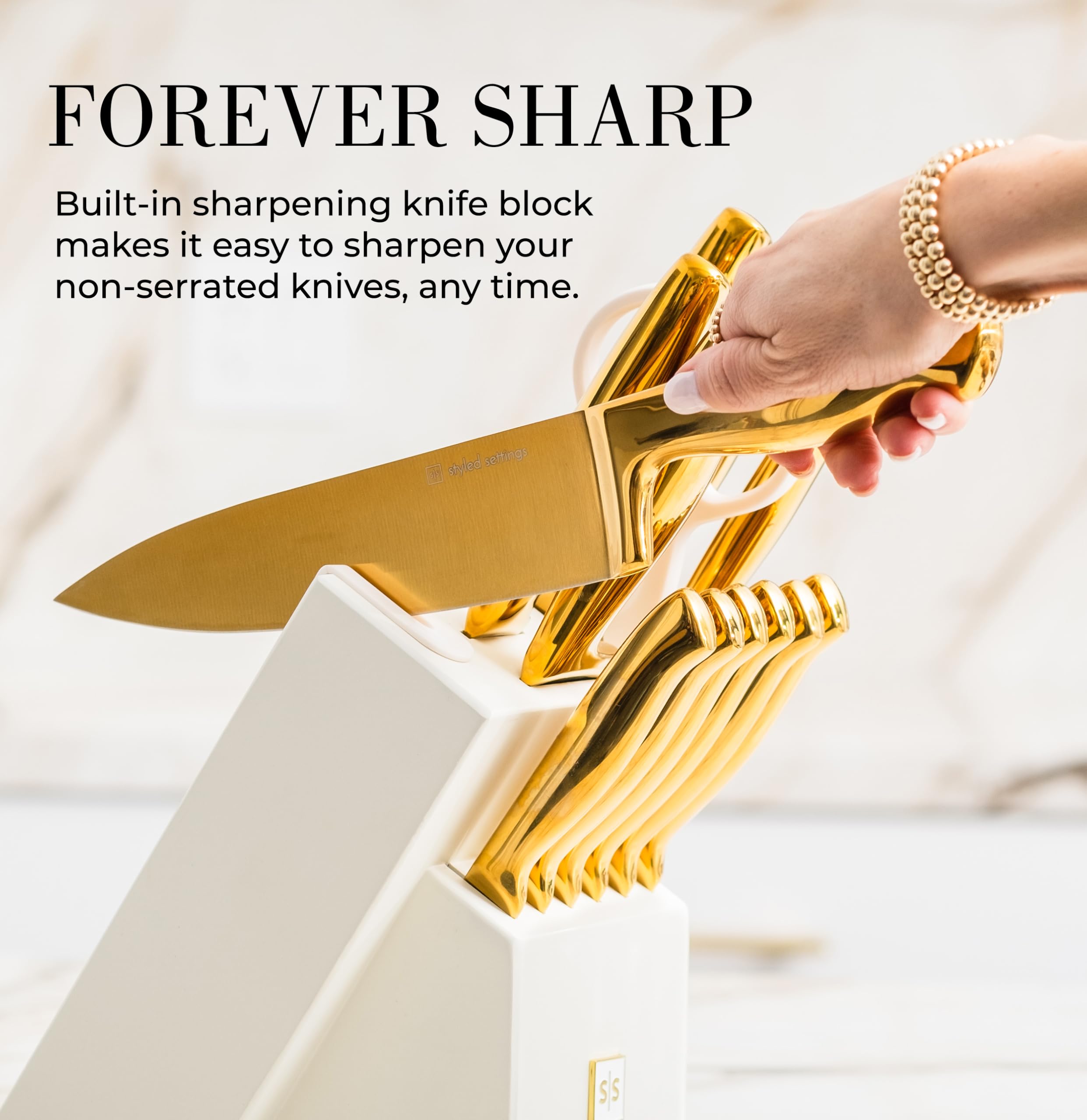 Premium 14-Piece White & Gold Knife Set with Block - Full Tang Kitchen Knives & Built-In Sharpener - Luxury Gold Kitchen Decor for Cooking, Entertaining & Gift Giving