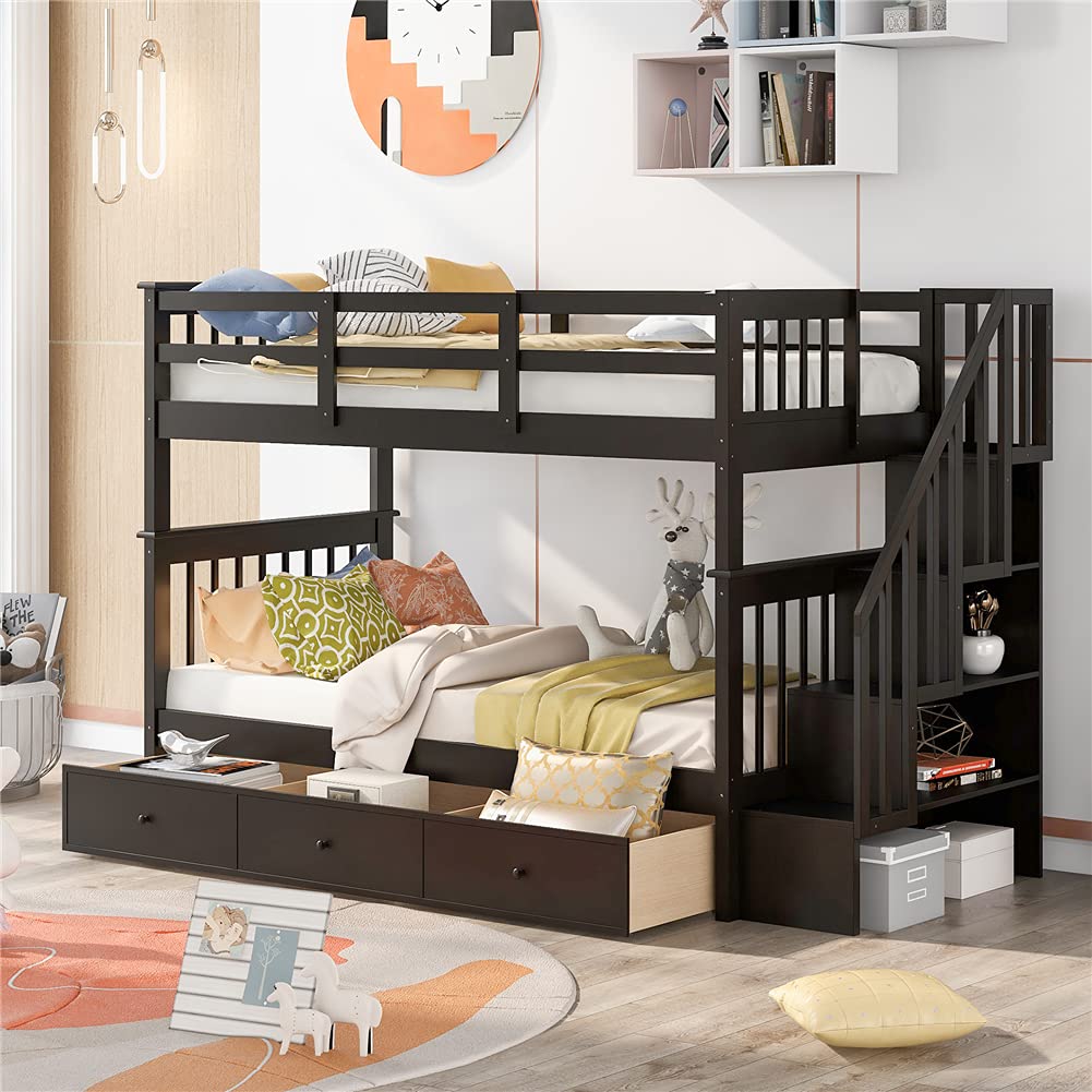 Twin Over Twin Bunk Bed with Storage Staircase & Under-Bed Drawers - Solid Pinewood Bed Frame with Safety Guardrails - Convertible to 2 Separate Beds (Espresso Finish) - Perfect for Kids' Bedrooms, Guest Rooms & Small Spaces