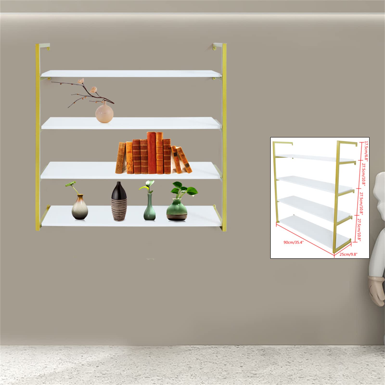 DYRABREST 4-Tier Floating Wall Shelves - Rustic Wood Wall Mounted Bookshelf for Living Room, Office, Bedroom - Gold Finish | Perfect for Home Decor, Book Storage & Displaying Decorative Items