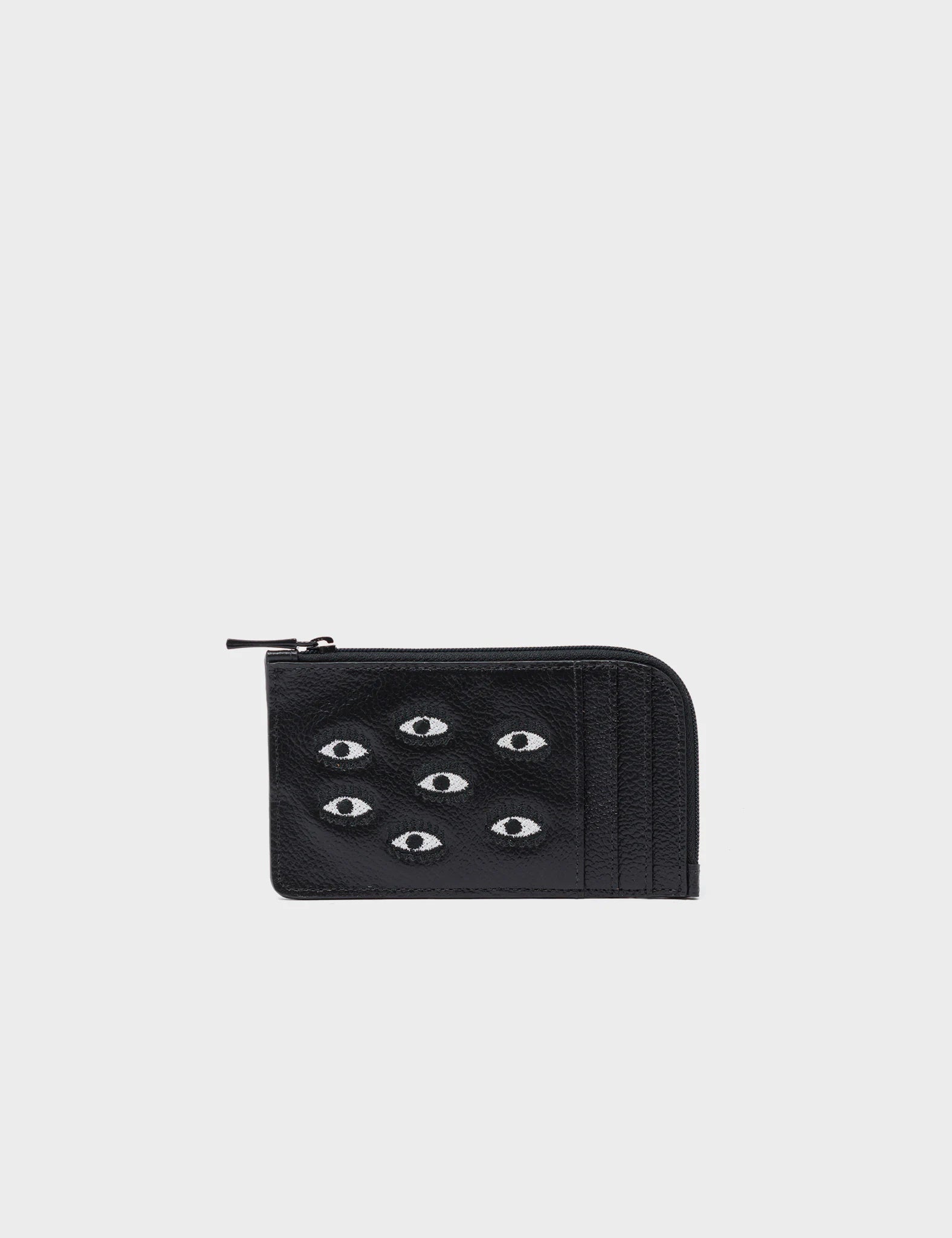 Fausto Black Leather Zip Around Cardholder with All Over Eyes Embroidery - Stylish RFID Blocking Wallet for Men & Women | Perfect for Travel, Business & Everyday Use