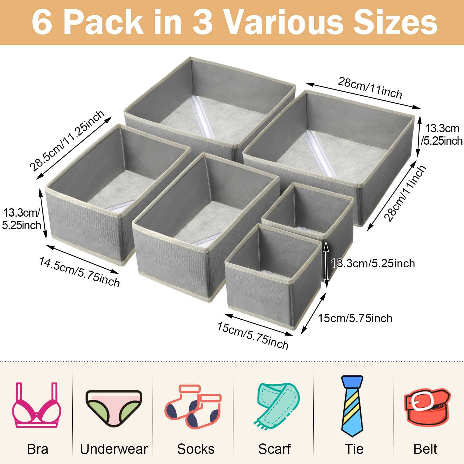 24-Piece Foldable Fabric Dresser Drawer Organizers Set - Gray Storage Bins & Dividers for Bras, Socks, Underwear | Nursery, Closet & Bedroom Organization Solution | Space-Saving Wardrobe Storage Boxes