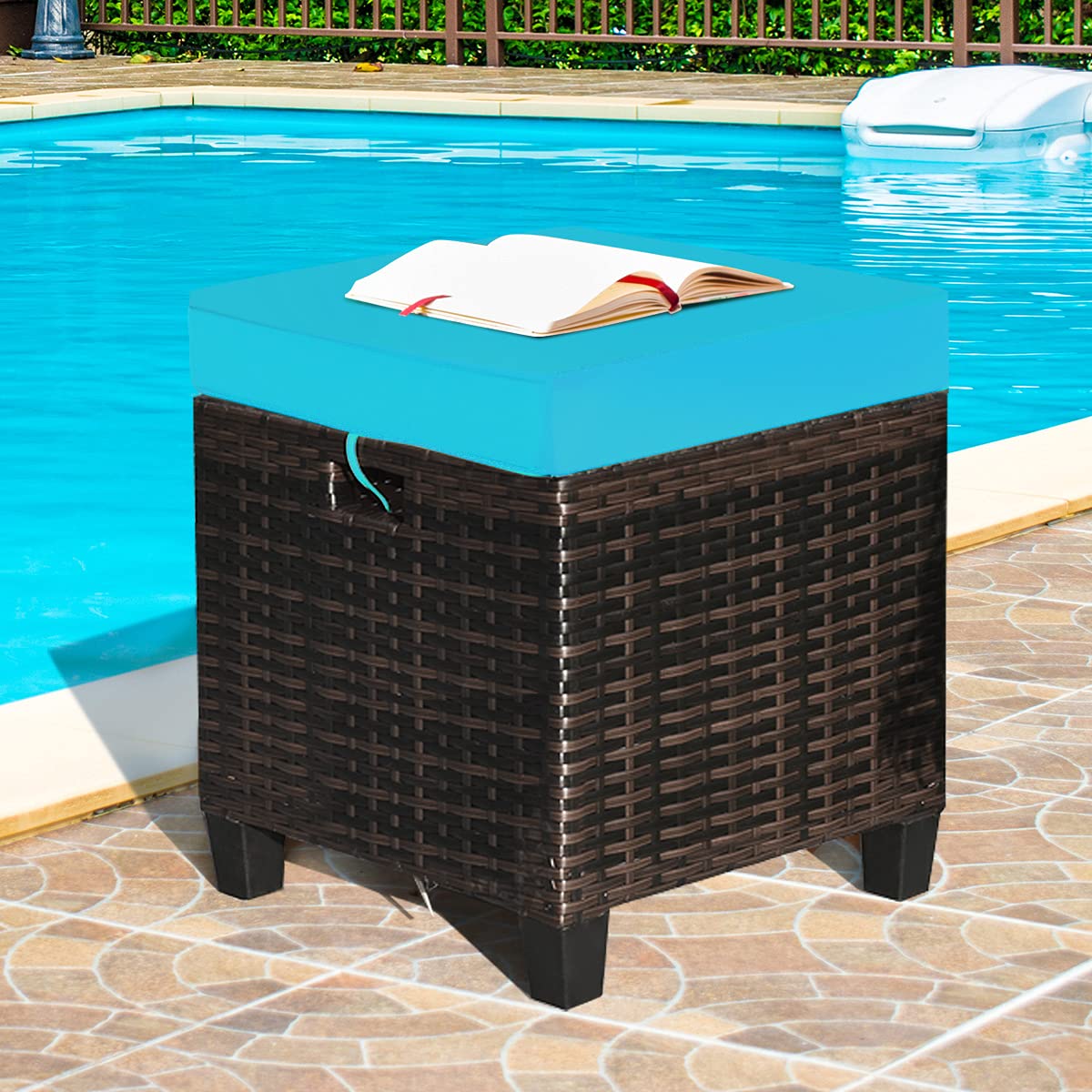 2PCS Rattan Wicker Ottoman Set with Removable Cushions - Patio Footstool & Footrest Seat - Outdoor Wicker Furniture for Home, Garden, Backyard (Turquoise) - Perfect for Relaxing on Your Deck or Poolside Lounge